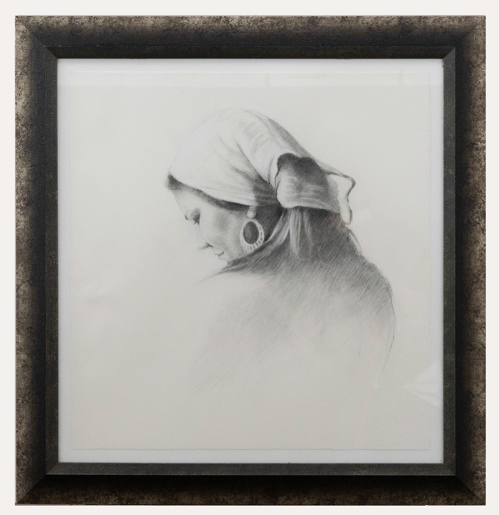 Unknown Portrait – Contemporary Graphite Drawing - Frau mit Kopftuch