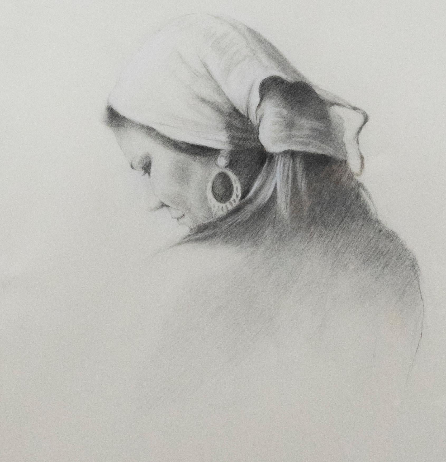 Contemporary Graphite Drawing - Woman in a Headscarf - Art by Unknown