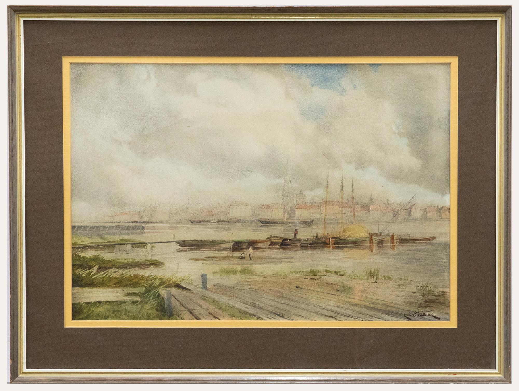 A delightful watercolour scene depicting a town harbour early in the morning with figures walking out to the boats. In the distance the town's skyline can be see through the morning mist. Signed to the lower right. Presented in a wooden frame with a