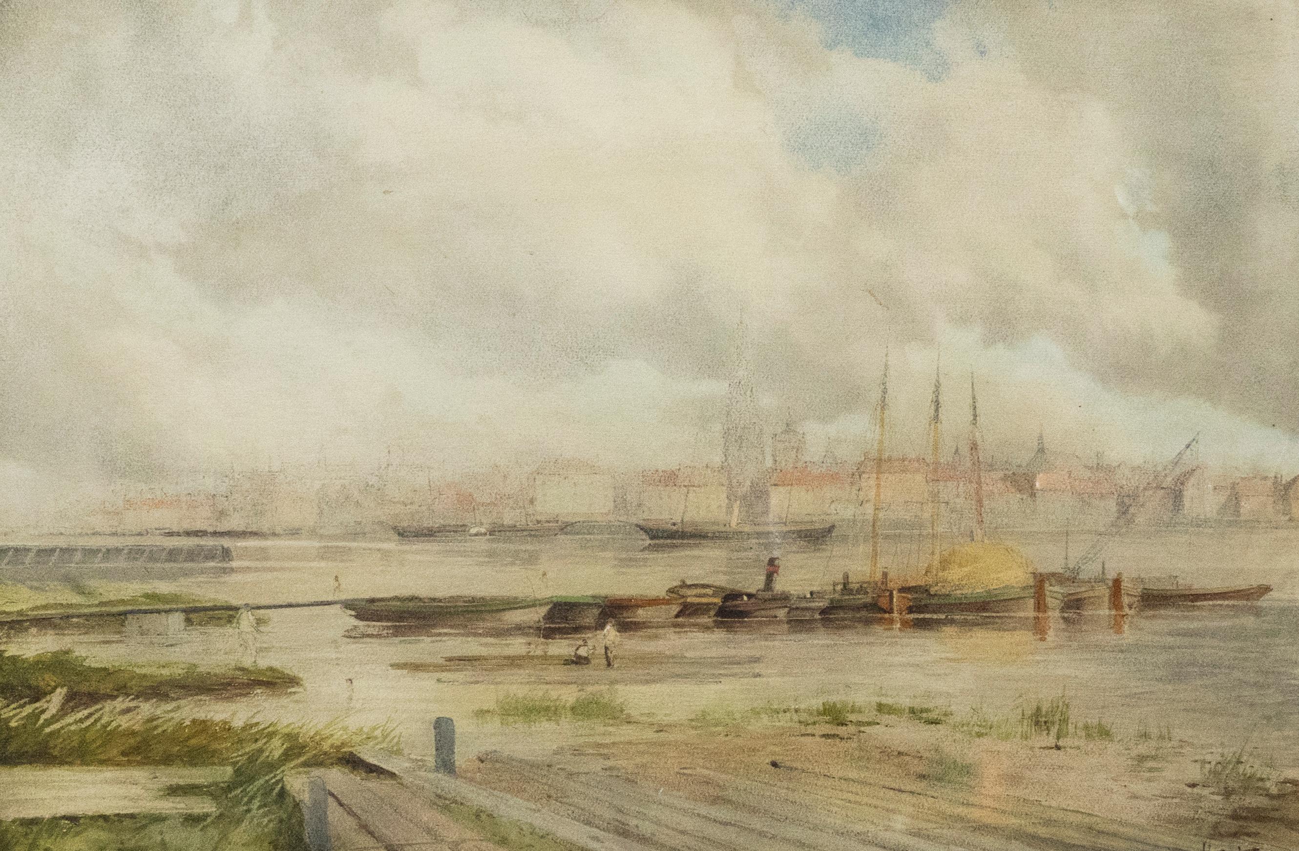 Louis Van Staaten (1836-1909) - Aquarell des 20. Jahrhunderts, Morgen Hafensszene im Angebot 1