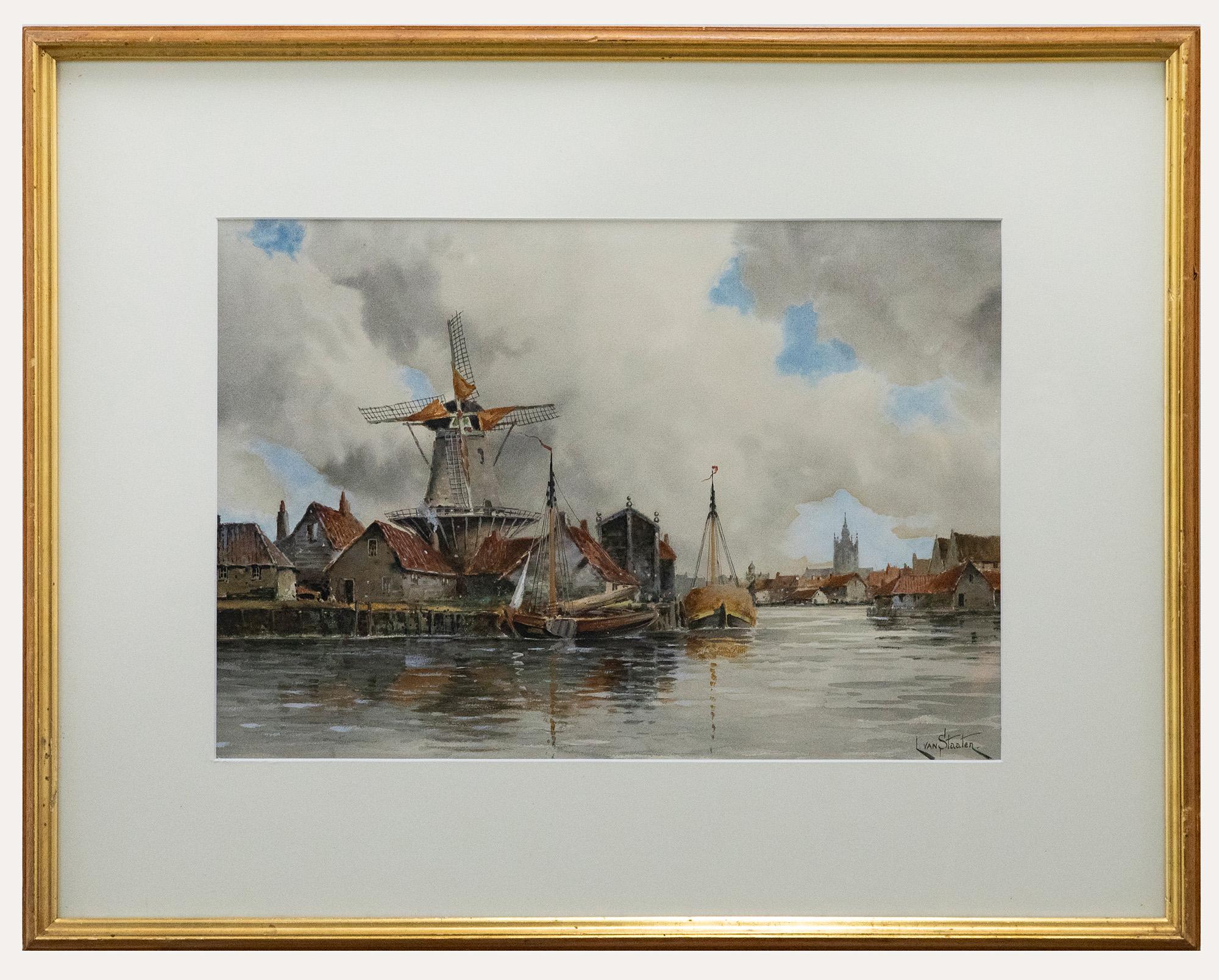 An original watercolour by the Dutch painter Louis Van Staaten, also known as Hermanus II Koekkoek (1836-1909). Signed to the lower right. Well-presented in a large gilt-effect frame with a crisp white mount. On paper. 