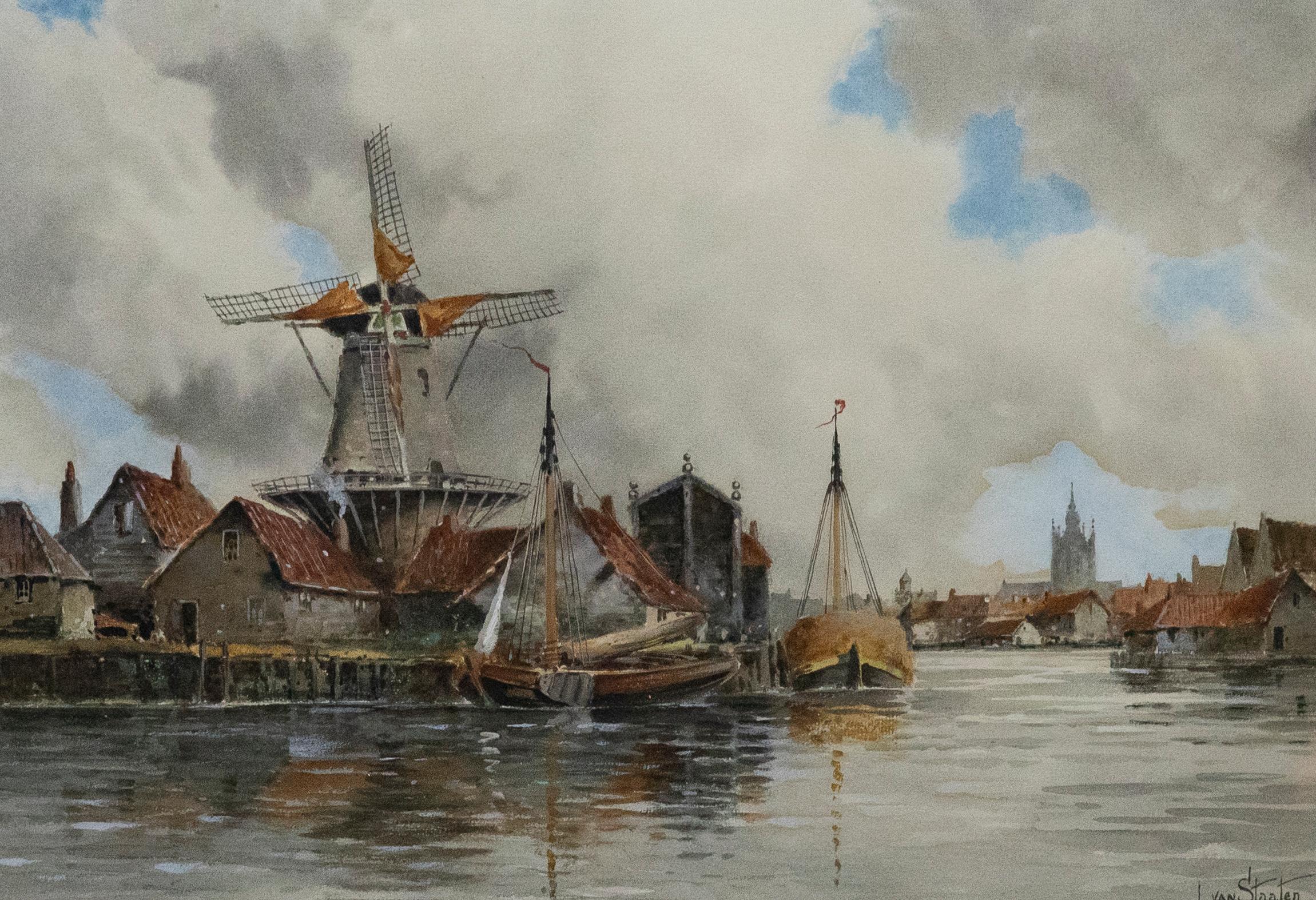 Louis Van Staaten (1836-1909) – niederländisches Aquarell, Boote auf Mooring im Angebot 1
