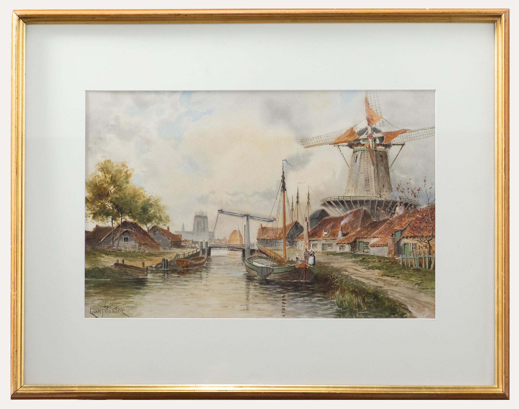 An original watercolour by Dutch painter Louis Van Staaten, also known as Hermanus II Koekkoek (1836-1909). Signed to the lower left. Well-presented in a large wooden frame with gilt window. On paper. 