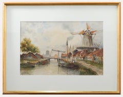 Louis Van Staaten (1836-1909) - Framed Watercolour, Dutch Windmill Scene