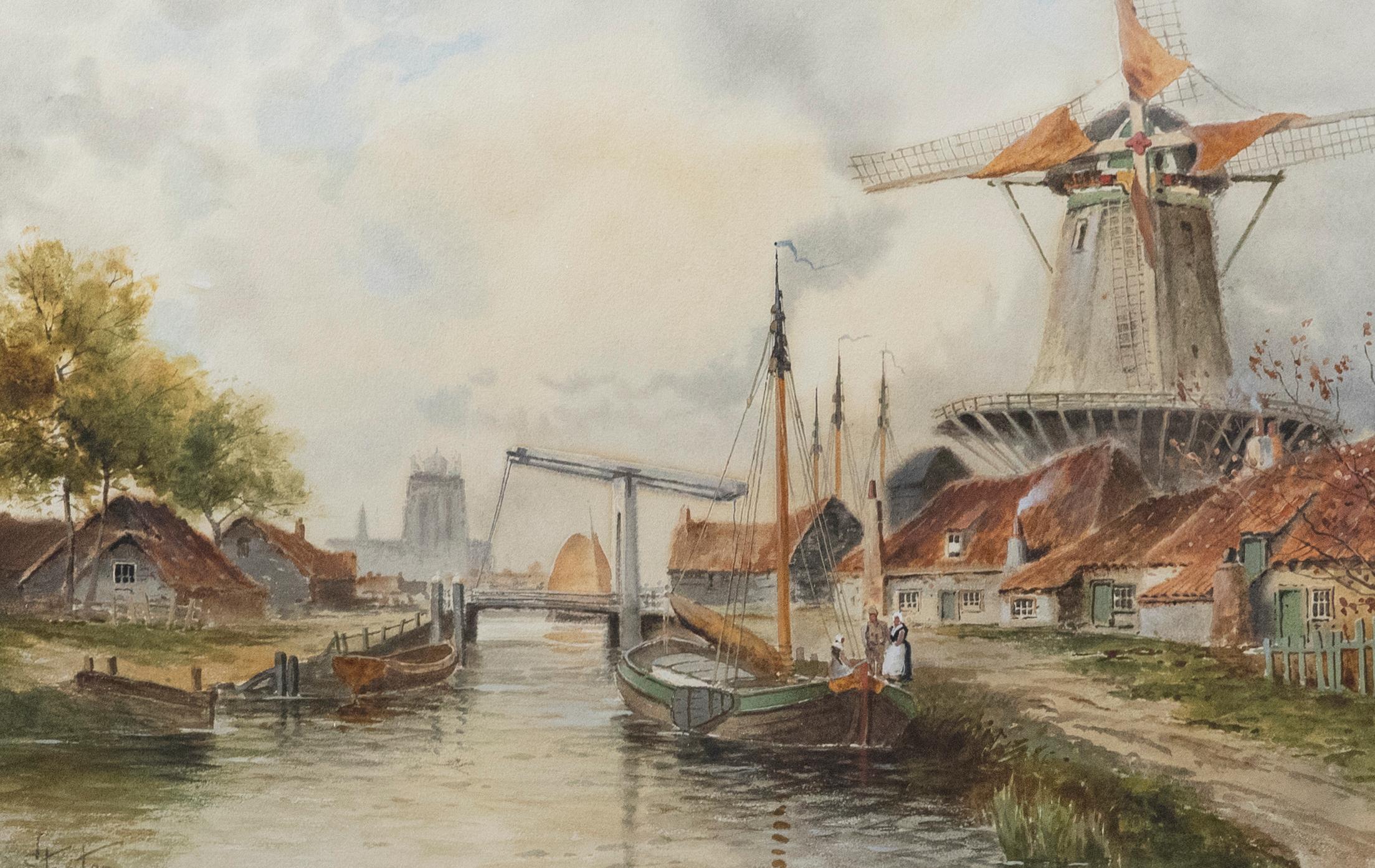 Louis Van Staaten (1836-1909) - Framed Watercolour, Dutch Windmill Scene For Sale 1