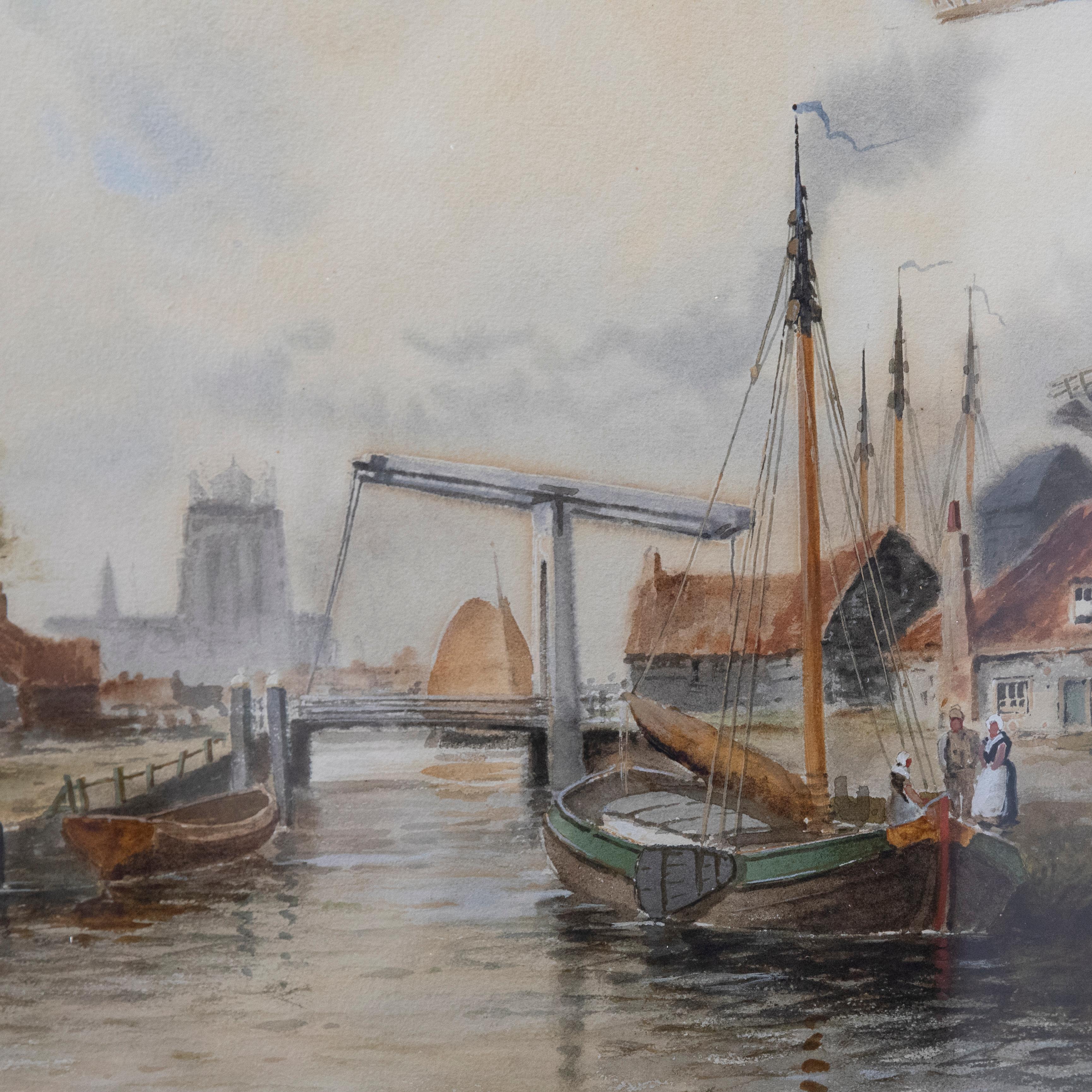Louis Van Staaten (1836-1909) - Framed Watercolour, Dutch Windmill Scene For Sale 4