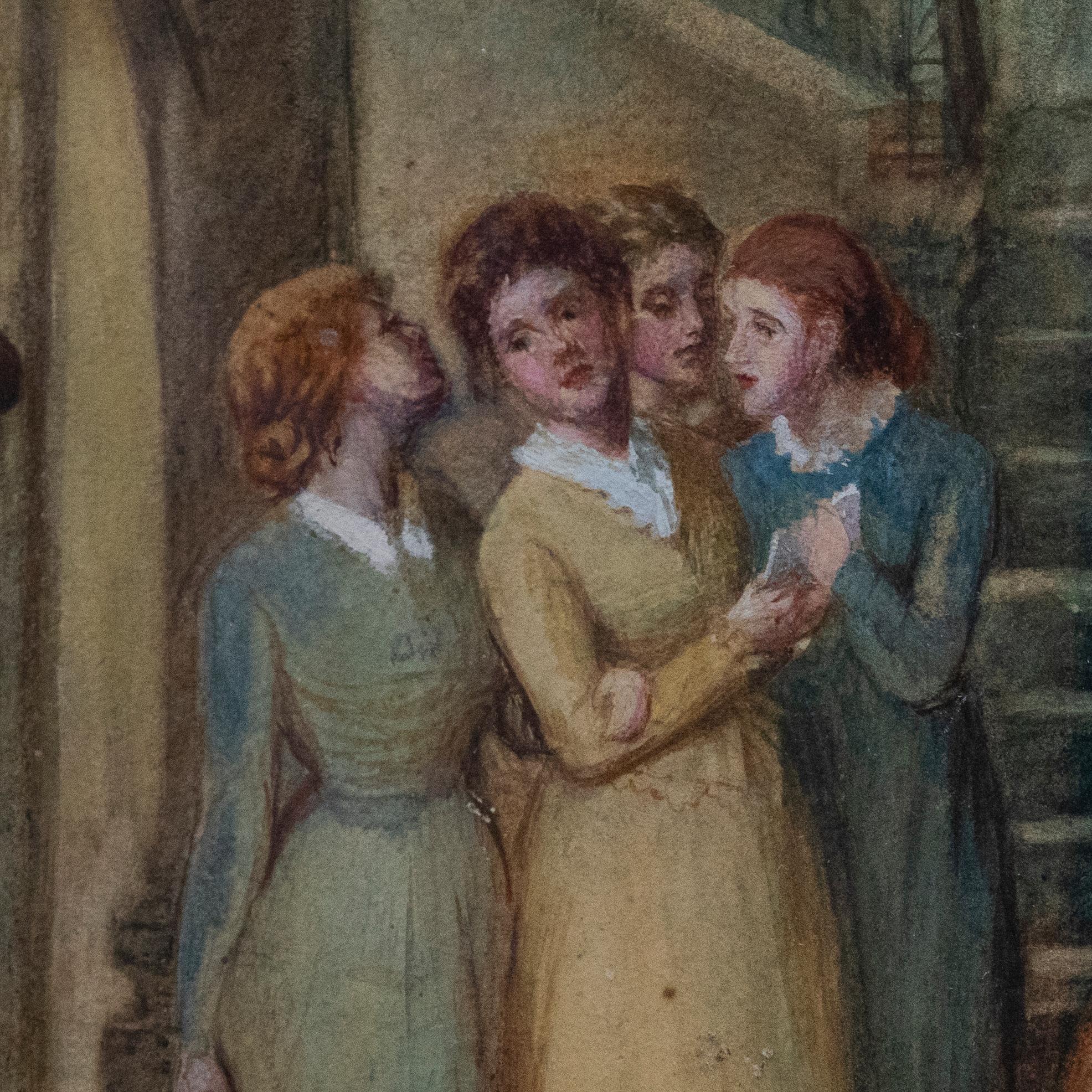 A charming watercolour scene depicting school girls hearing their first morning bell. The artist takes care to capture the expressions of every schoolgirl, some in dismay that the bell has sounded, some dutifully burying their heads in their books.