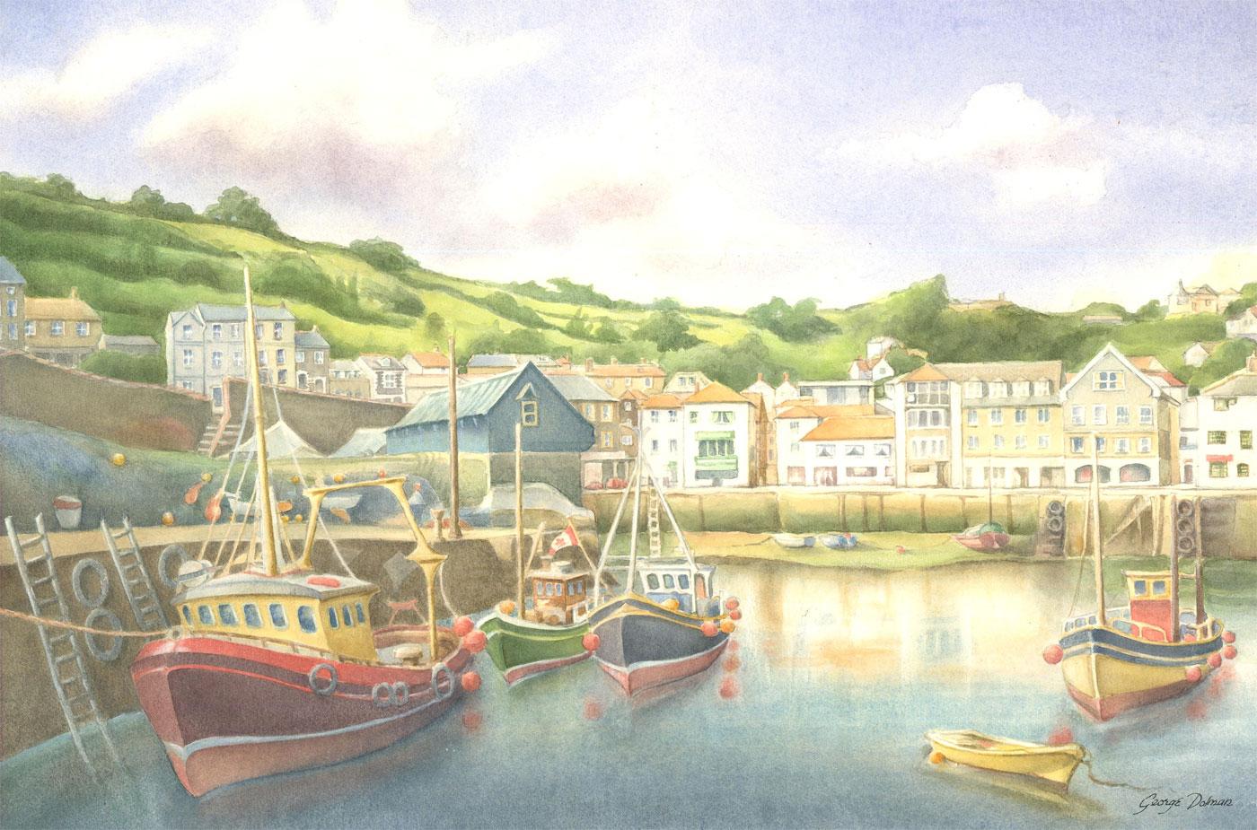 Unknown Figurative Art - George Dolman - 20th Century Watercolour, Cornish Fishing Harbour