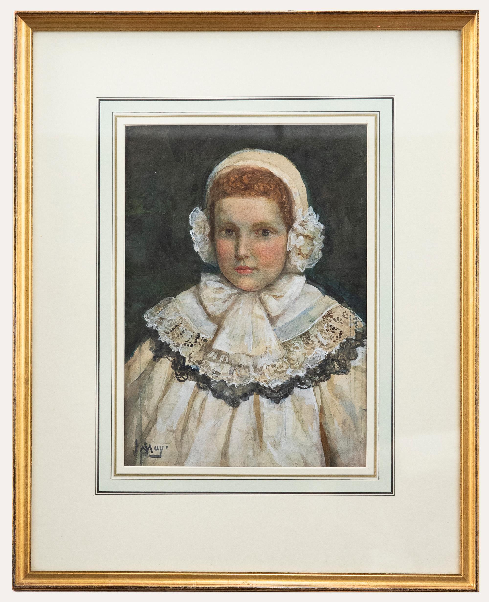 Unknown Portrait – J. May – gerahmtes Aquarell des späten 19. Jahrhunderts, Porträt eines Kindes in Spitze, J. May