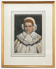 J. May – gerahmtes Aquarell des späten 19. Jahrhunderts, Porträt eines Kindes in Spitze, J. May
