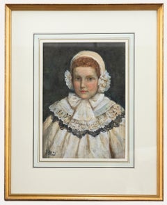 J. May - Acuarela enmarcada de finales del siglo XIX, Retrato de una niña con encaje
