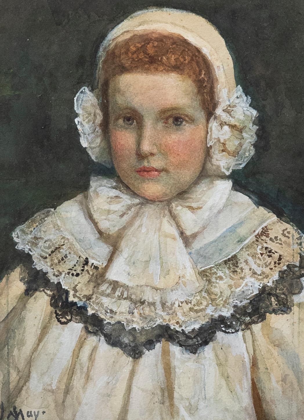 A fine Victorian portrait of a young child wearing a white bonnet with lace collar and gown. The artist has captured the sitter's complexion with great skill, perfectly depicting the young girl's rosy lips and pink cheeks. Even more exciting is the