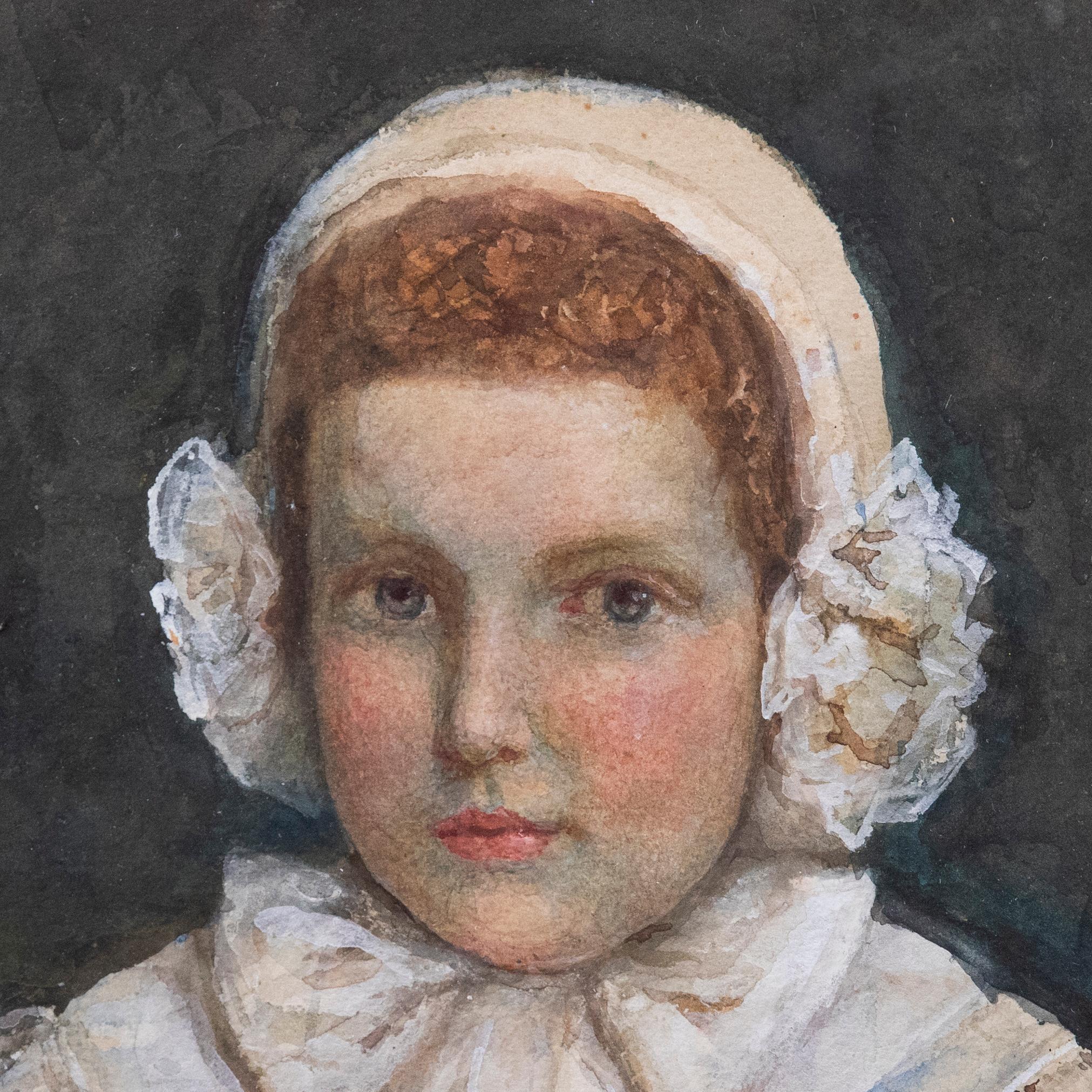J. May - Framed Late 19th Century Watercolour, Portrait of a Child in Lace For Sale 2