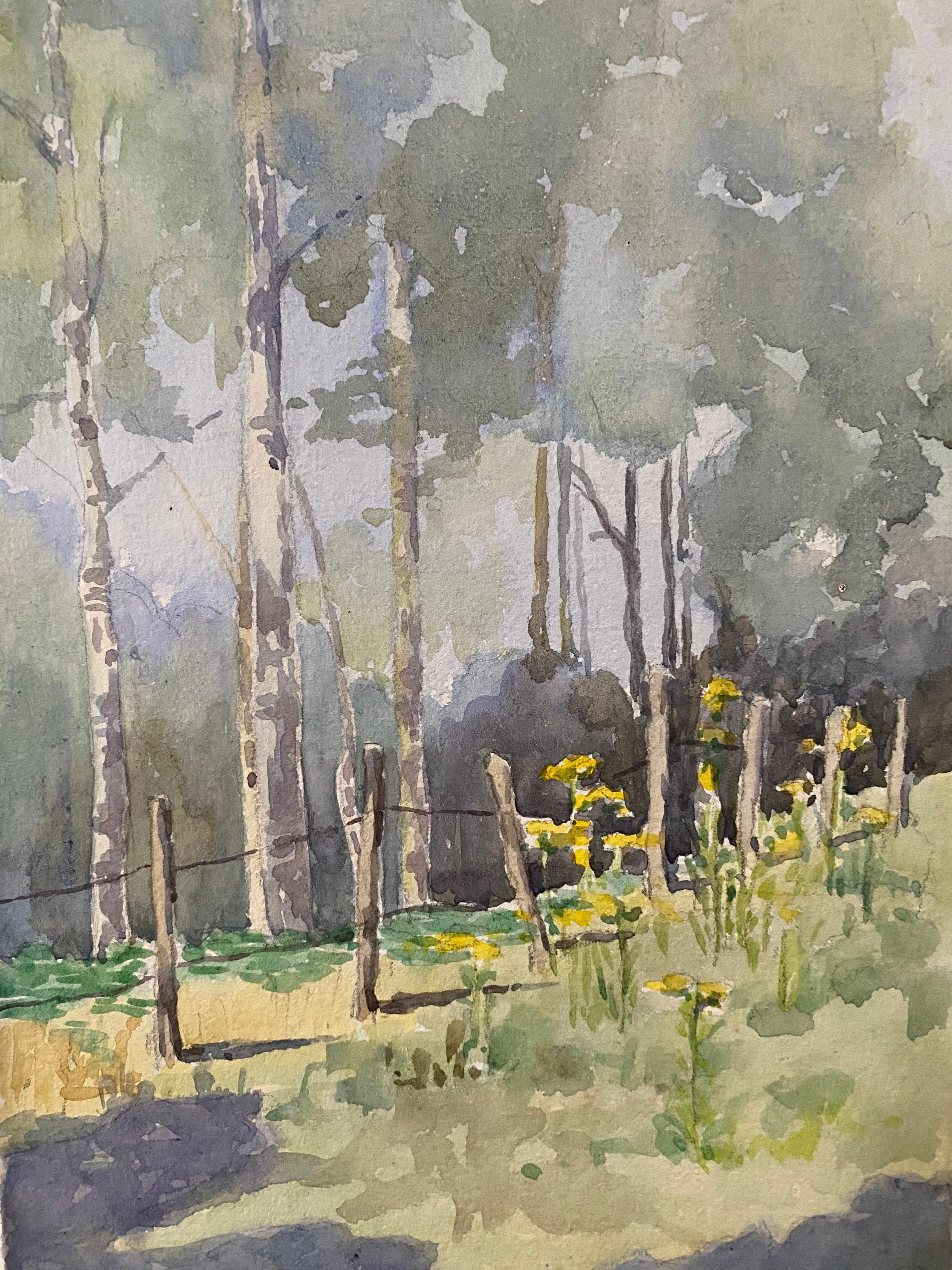 1900, Pintura a la acuarela English Impressionist Campo de primavera - Landscape Art Gris de Unknown