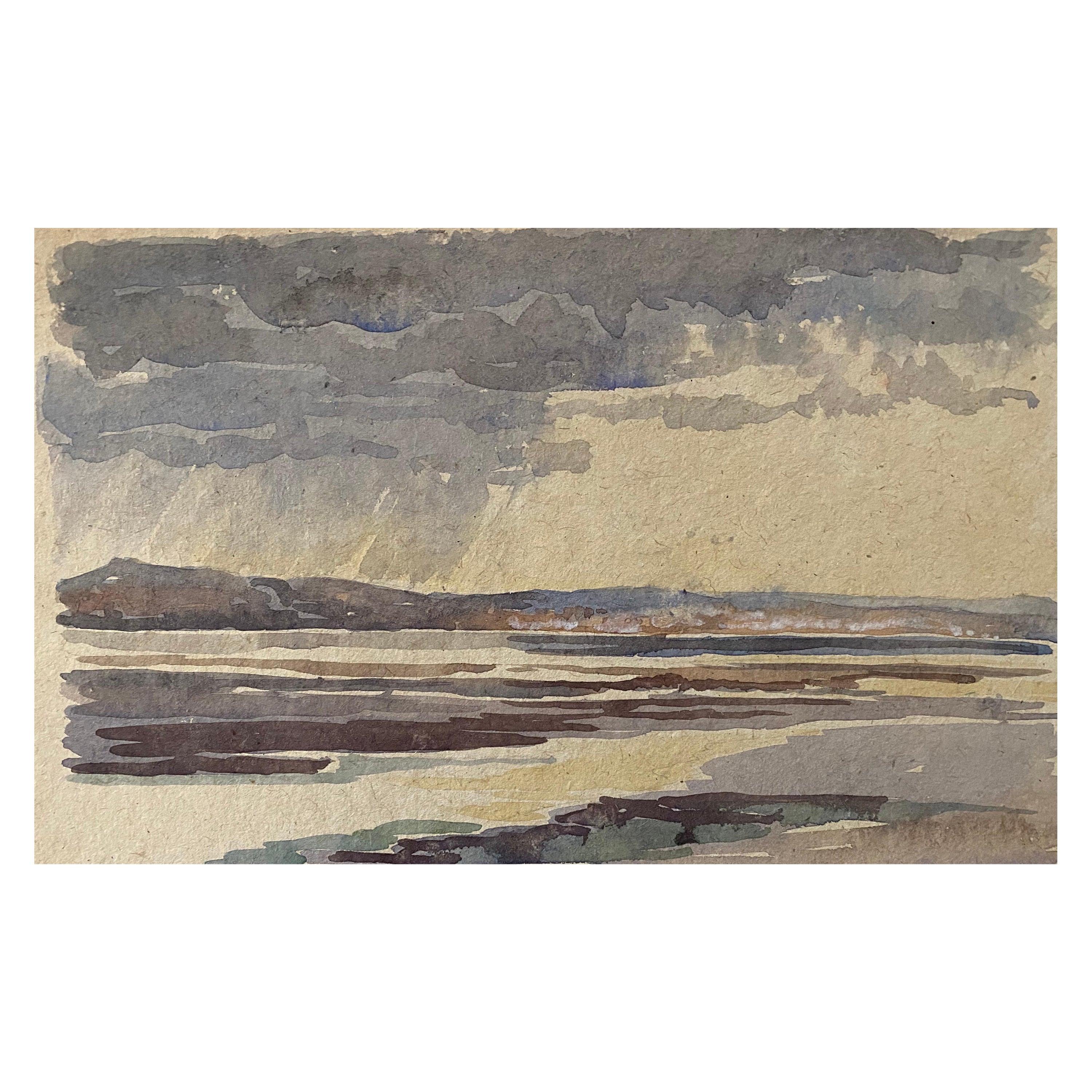 Landscape Art de Unknown - Pintura de acuarela English Impressionist de 1900 Tormenta en la playa