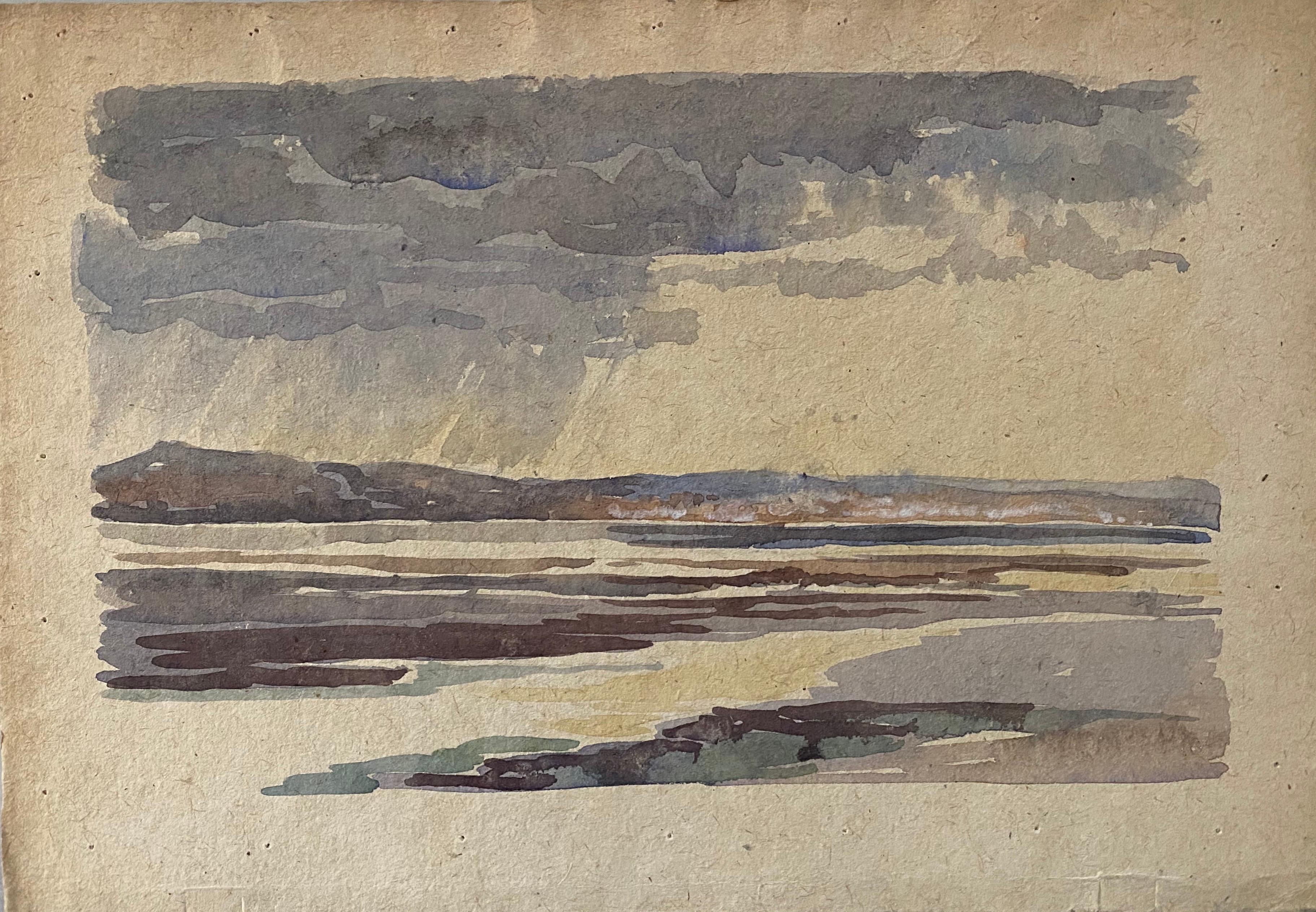 Pintura de acuarela English Impressionist de 1900 Tormenta en la playa - Art de Unknown