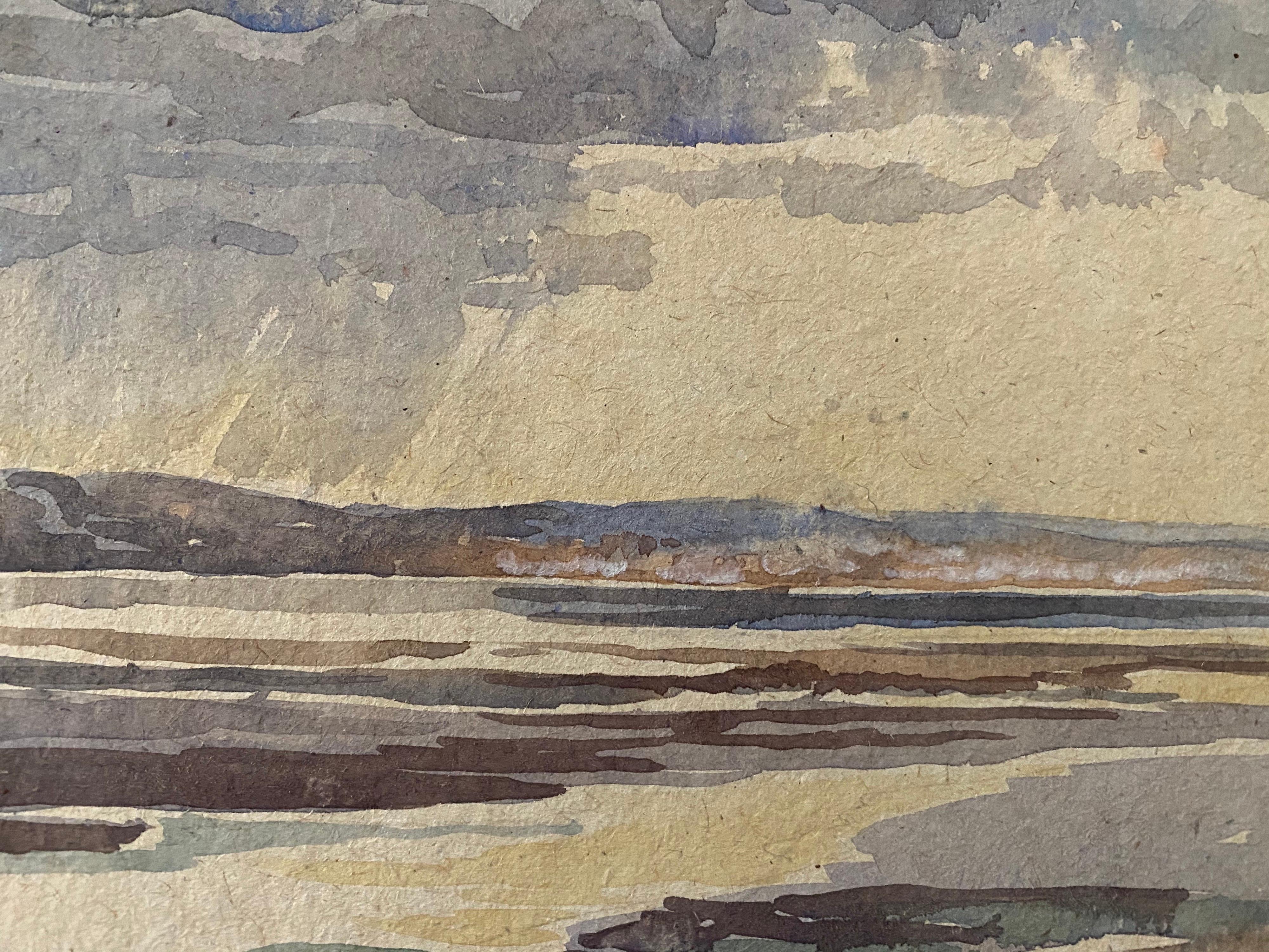 Pintura de acuarela English Impressionist de 1900 Tormenta en la playa - Landscape Art Marrón de Unknown