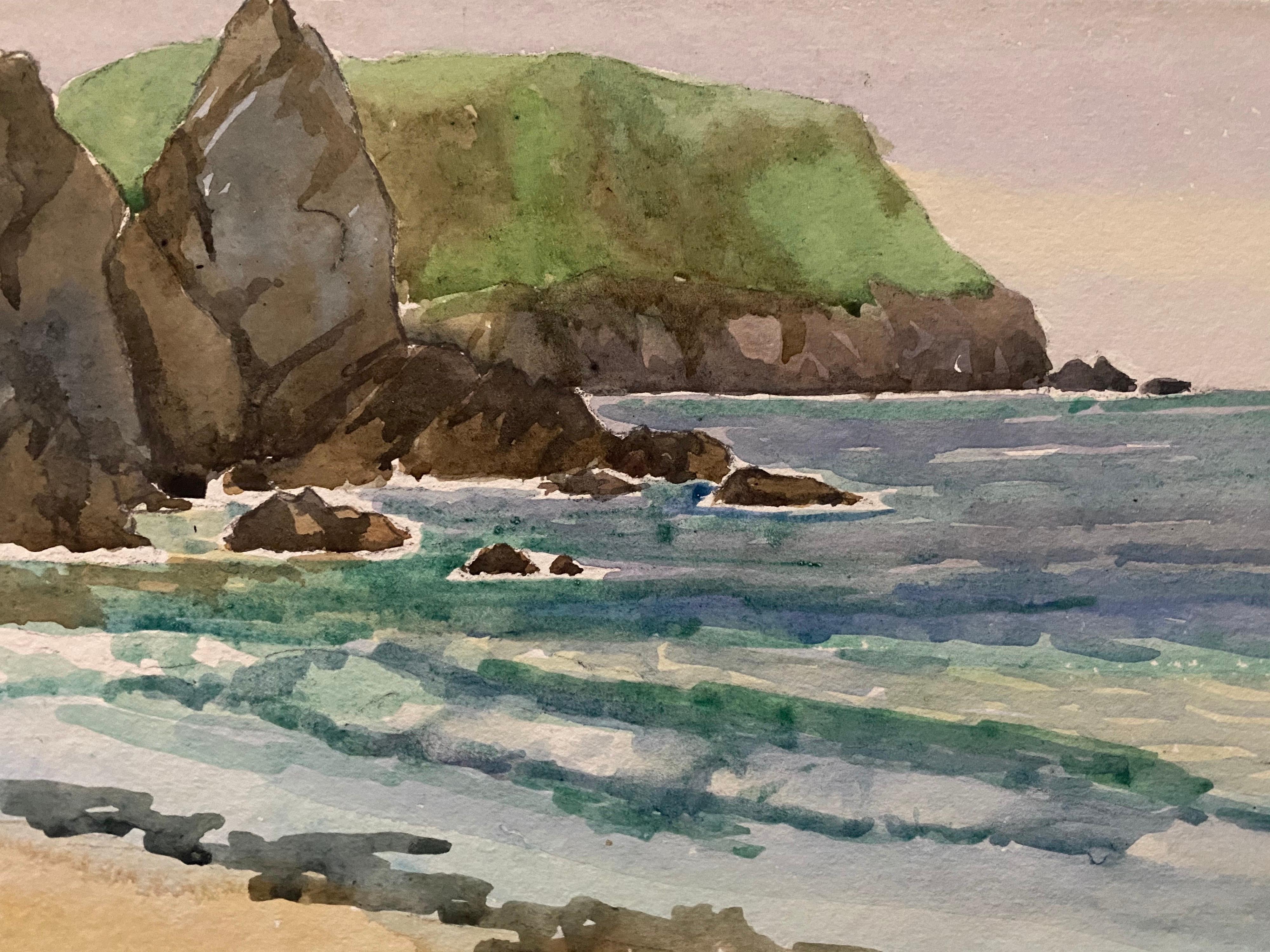 1900's English Impressionist Watercolor Painting Vibrant Sea Shore - Art by Unknown