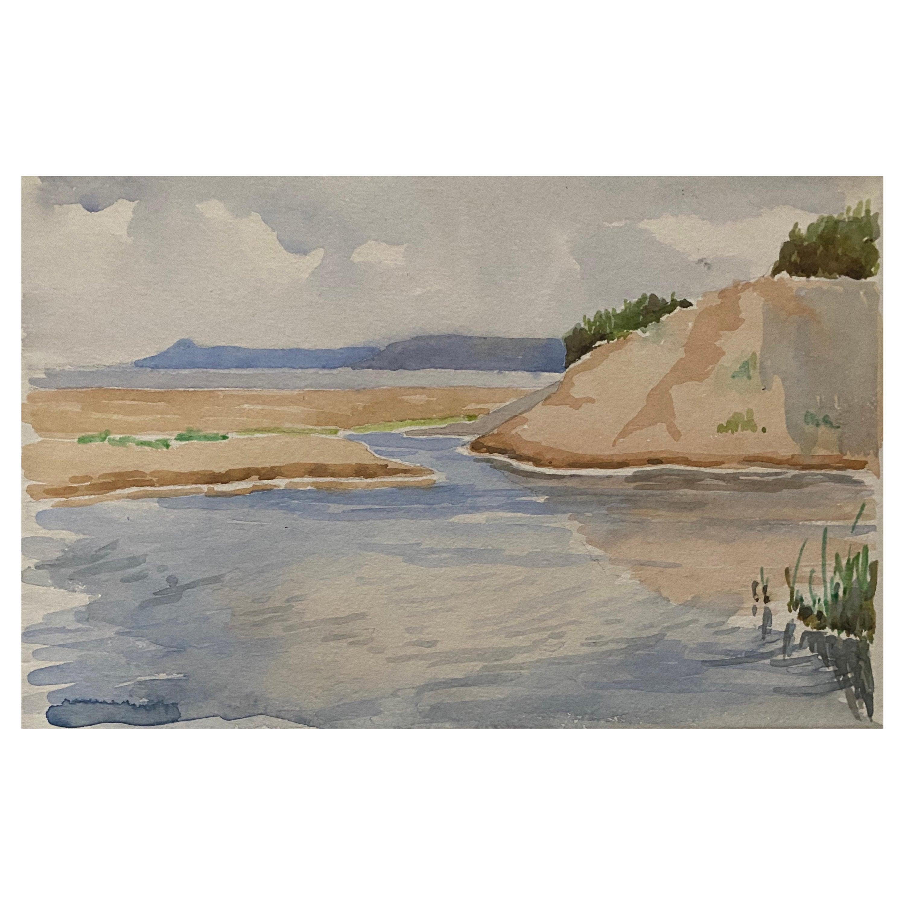 Landscape Art de Unknown - Acuarela English Impressionist de 1900 Suave paisaje marino azul y crema