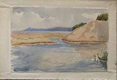 1900's English Impressionist Watercolor Painting Gentle Blue and Cream Seascape