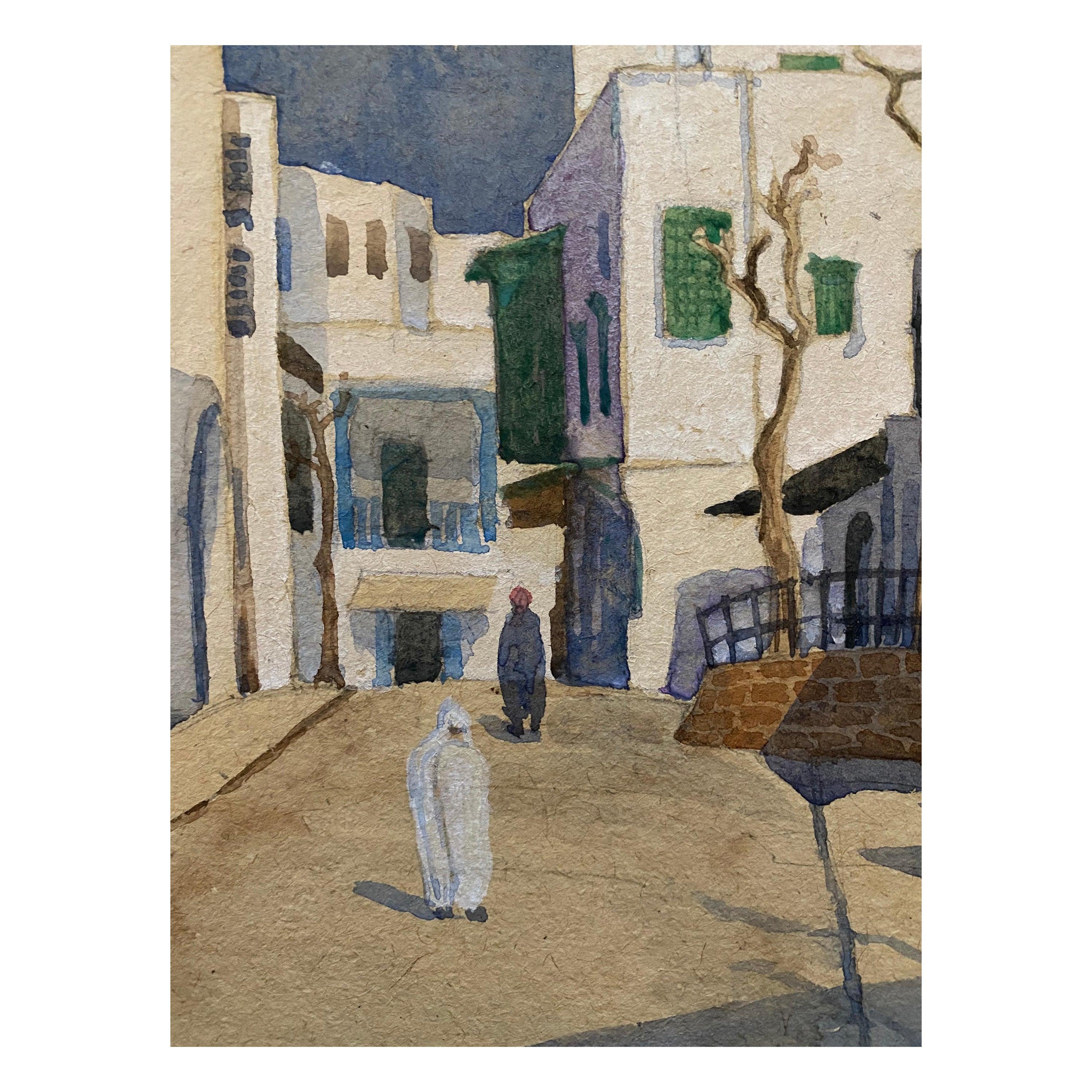 Landscape Art Unknown - Peinture à l'aquarelle impressionniste anglaise des années 1900 - Figures de ville du Moyen-Orient