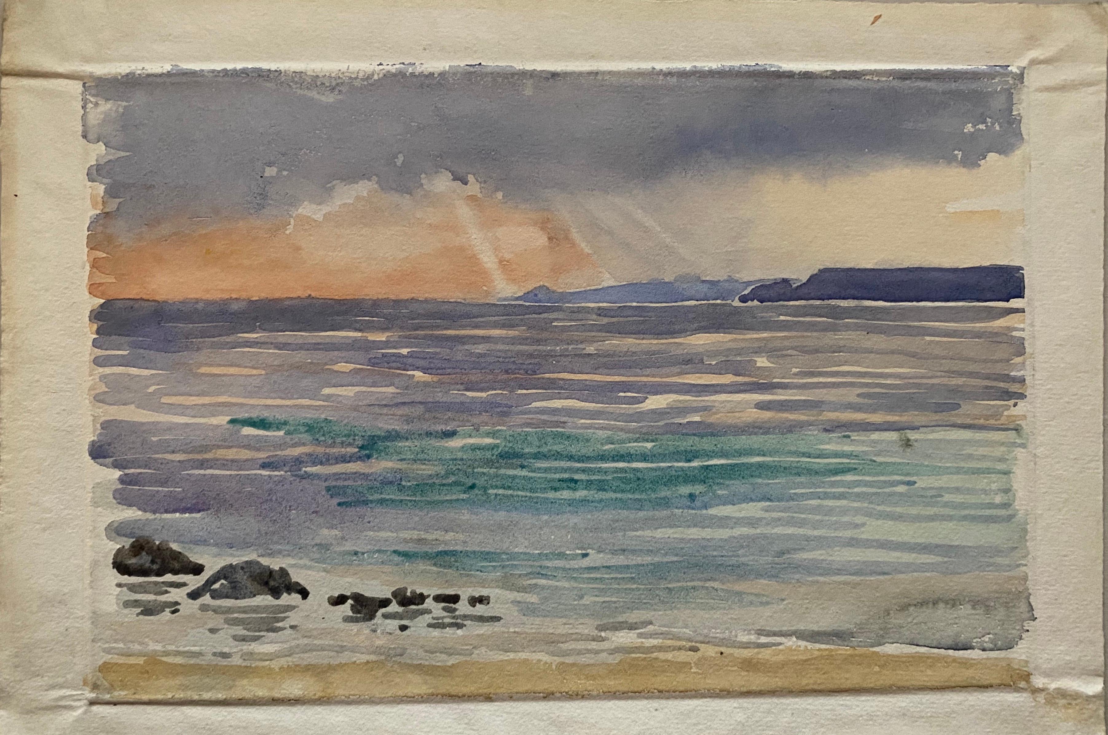 1900's English Impressionist Watercolor Painting Hermosa Puesta de Sol sobre el Mar Azul - Art de Unknown