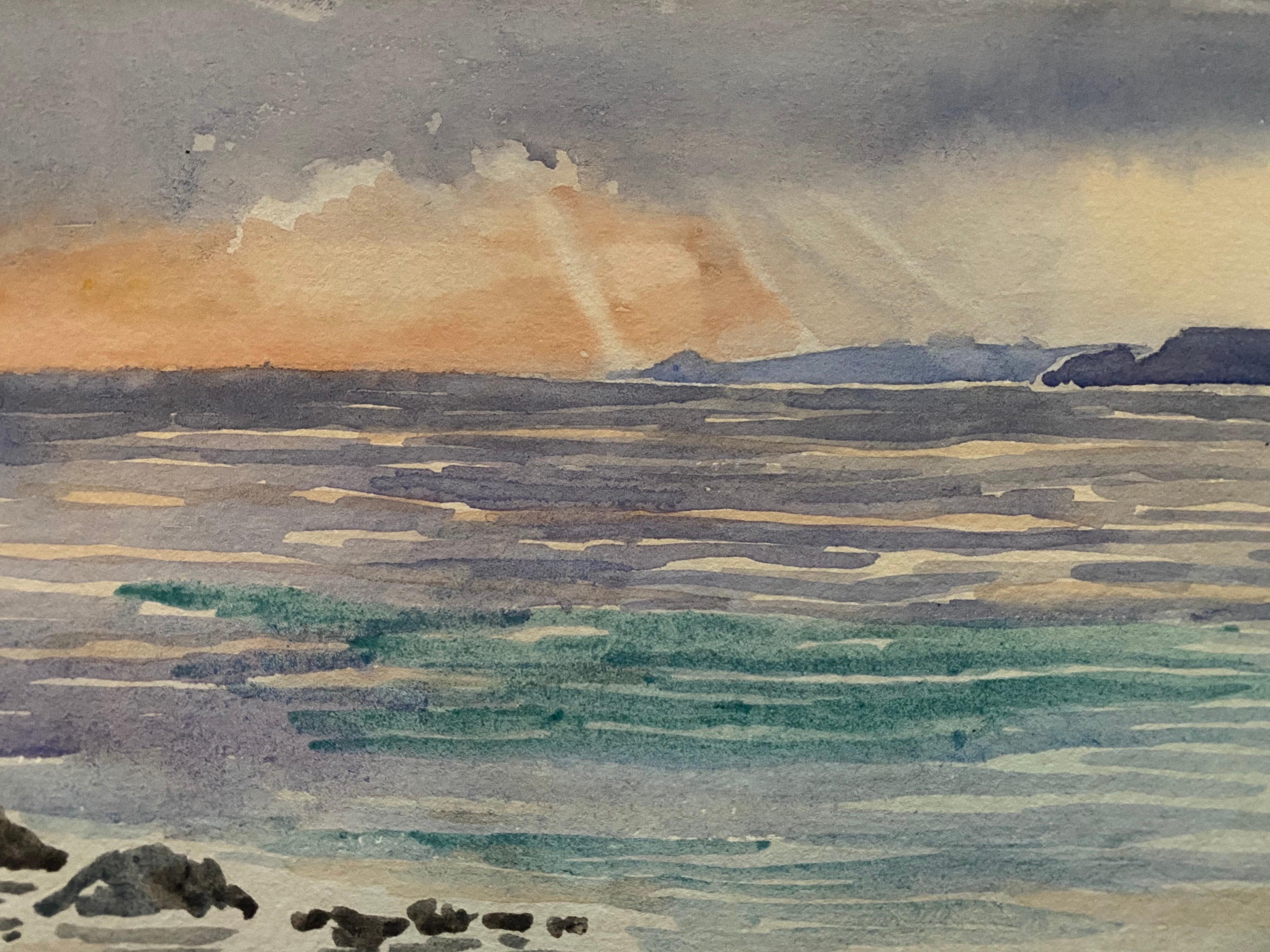 1900's English Impressionist Watercolor Painting Hermosa Puesta de Sol sobre el Mar Azul - Landscape Art Gris de Unknown