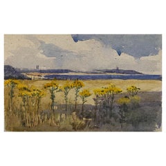 1900's English Impressionist Pintura Acuarela Impresionantes Girasoles Playa