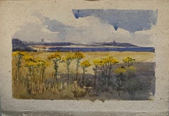 1900's English Impressionist Watercolor Painting Stunning Sunflowers Beach