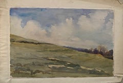 1900's English Impressionist Watercolor Painting Silent Cloudy Meadow