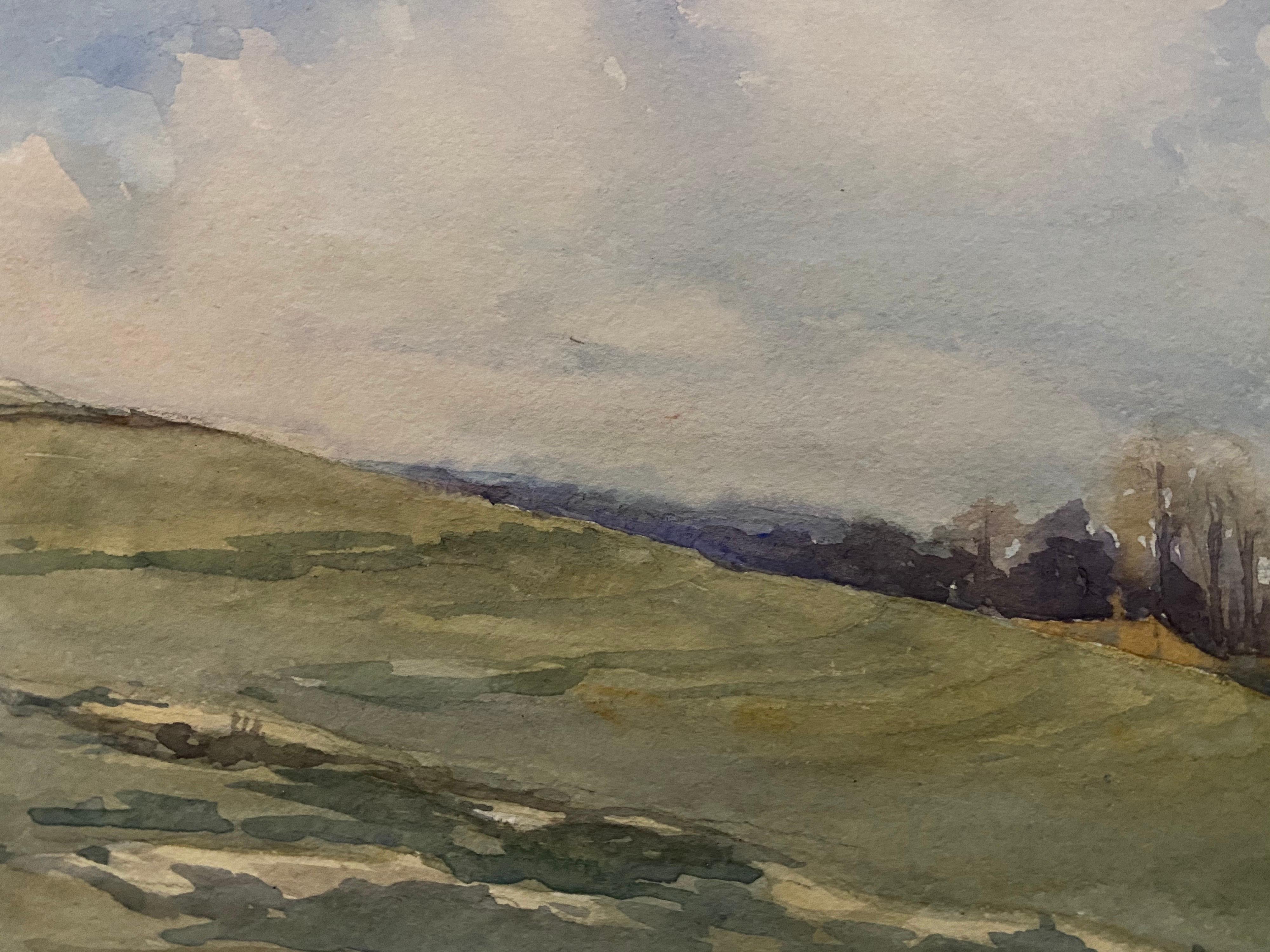 1900 Pintura de acuarela English Impressionist Prado nublado silencioso - Landscape Art Gris de Unknown
