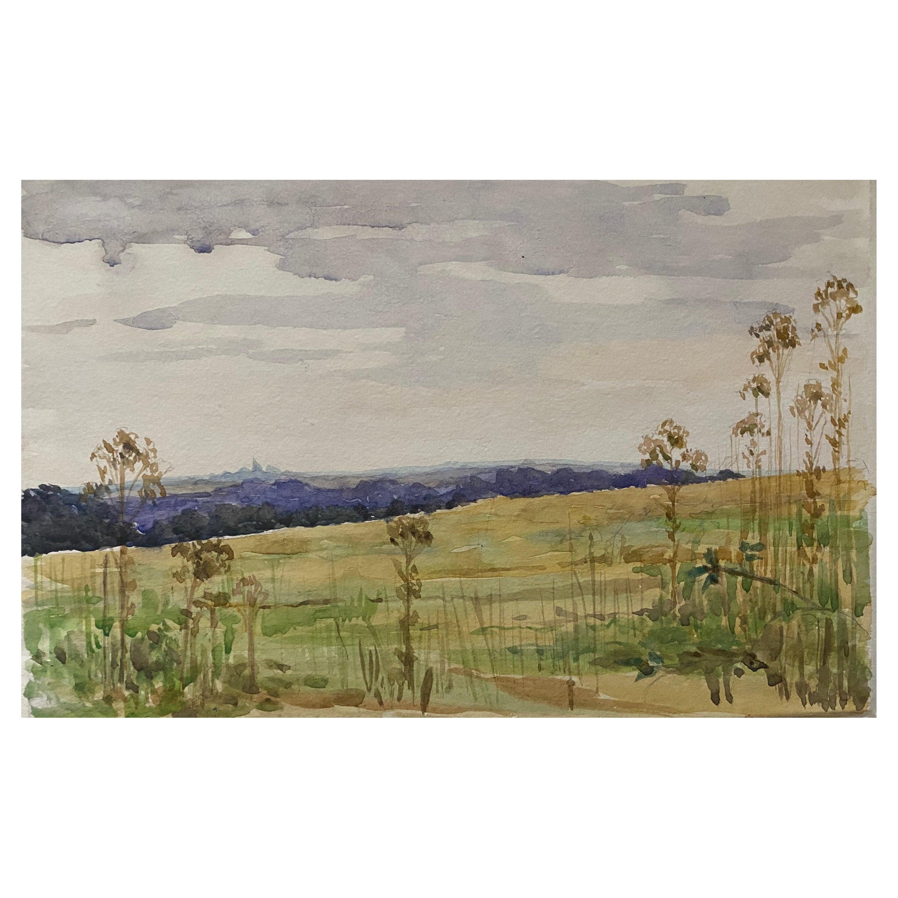 Landscape Art de Unknown - Pintura de acuarela English Impressionist de 1900 Campos de cultivo abiertos y tranquilos
