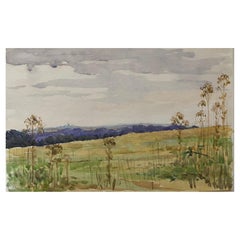 Pintura de acuarela English Impressionist de 1900 Campos de cultivo abiertos y tranquilos