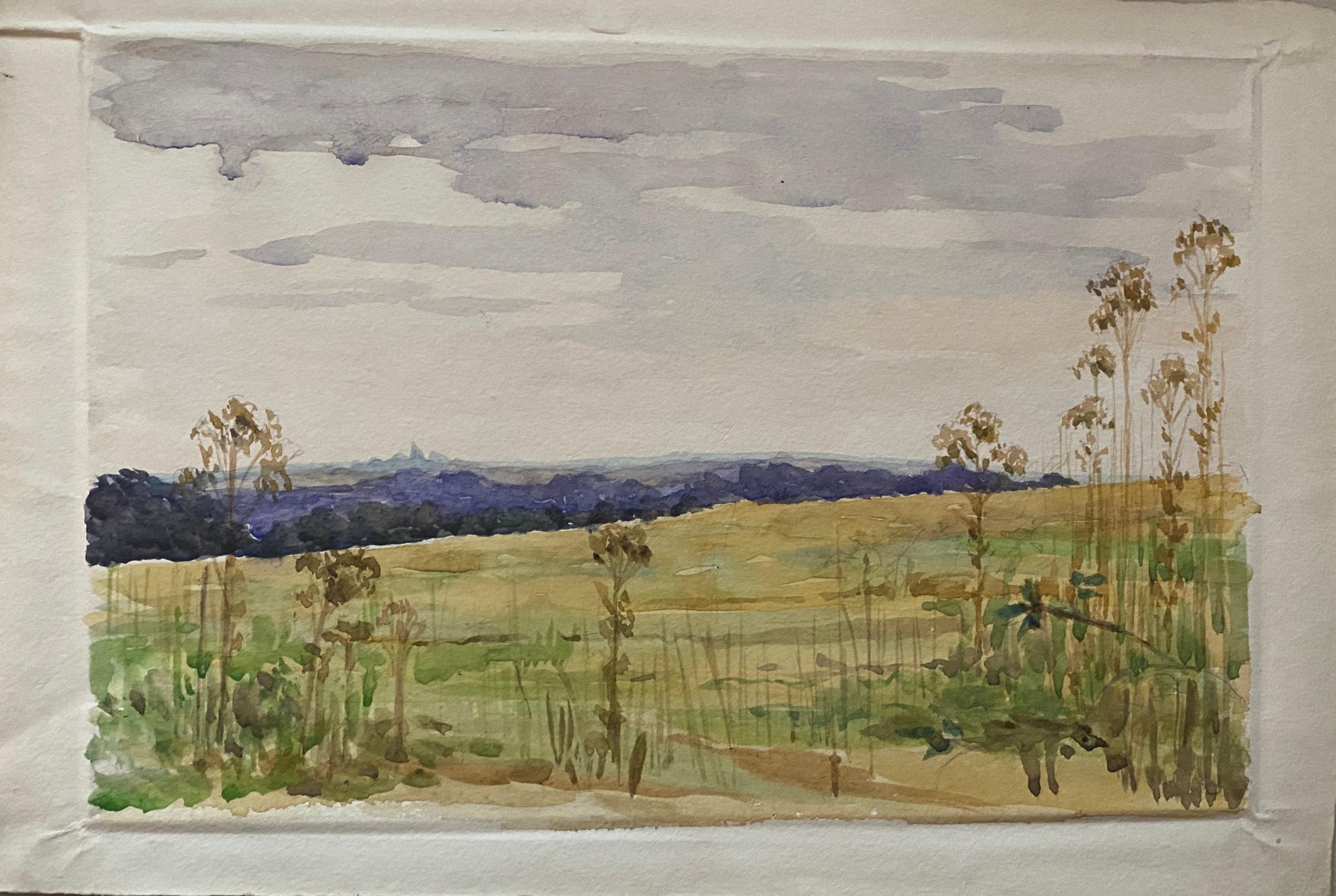 Pintura de acuarela English Impressionist de 1900 Campos de cultivo abiertos y tranquilos - Art de Unknown