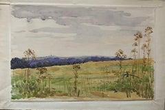 1900's English Impressionist Watercolor Painting Quiet Open Crop Fields