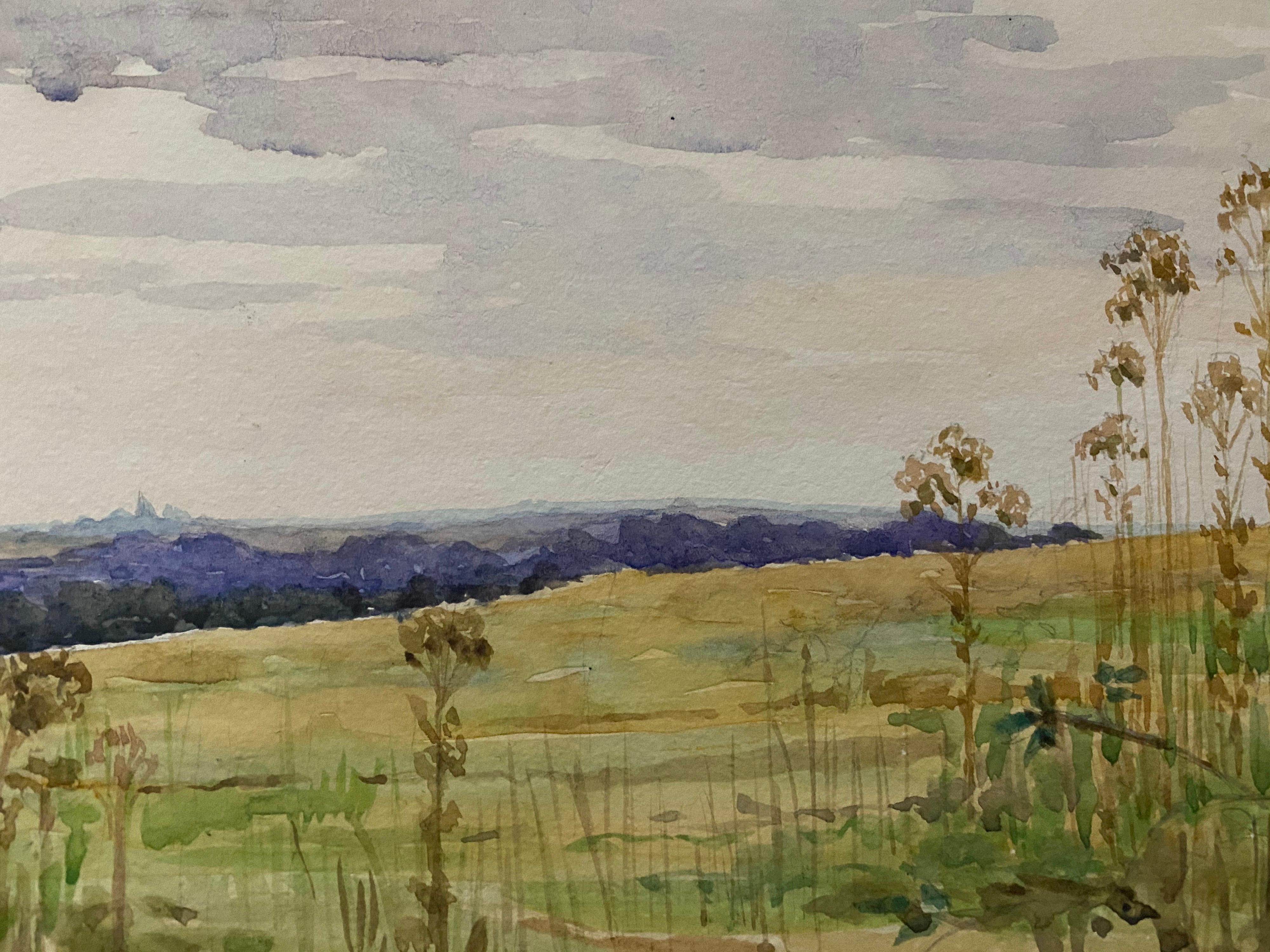 Pintura de acuarela English Impressionist de 1900 Campos de cultivo abiertos y tranquilos - Landscape Art Marrón de Unknown