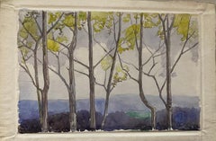 Peinture à l'eau English Impressionist de 1900 Arbres dansant dans le vent