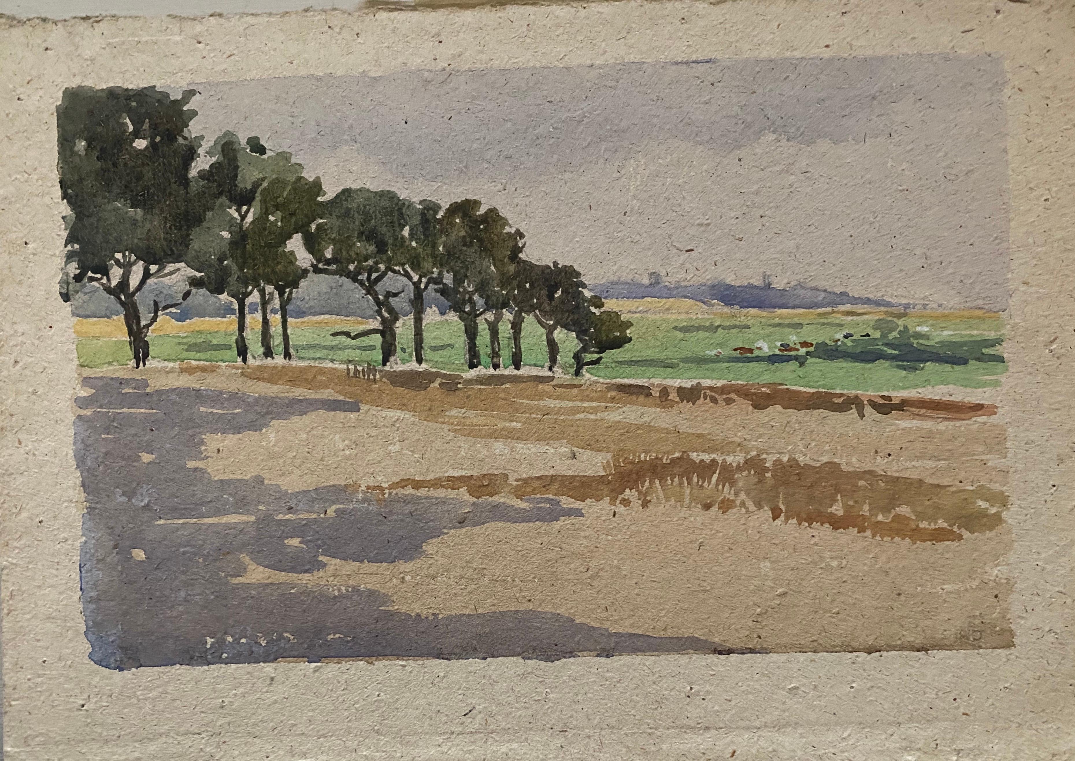 1900's English Impressionist Acuarela Pintura Vista Verde Campo - Art de Unknown