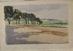 1900's English Impressionist Aquarell Malerei Green View Field