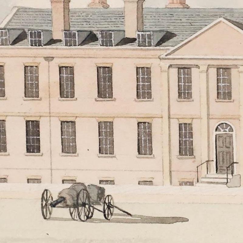 Belle aquarelle du XIXe siècle représentant une caserne militaire impeccable, avec une pelouse bien entretenue et un canon parfaitement placé. Non signée. Présenté de manière élégante dans un cadre Hogarth. Sur le papier.