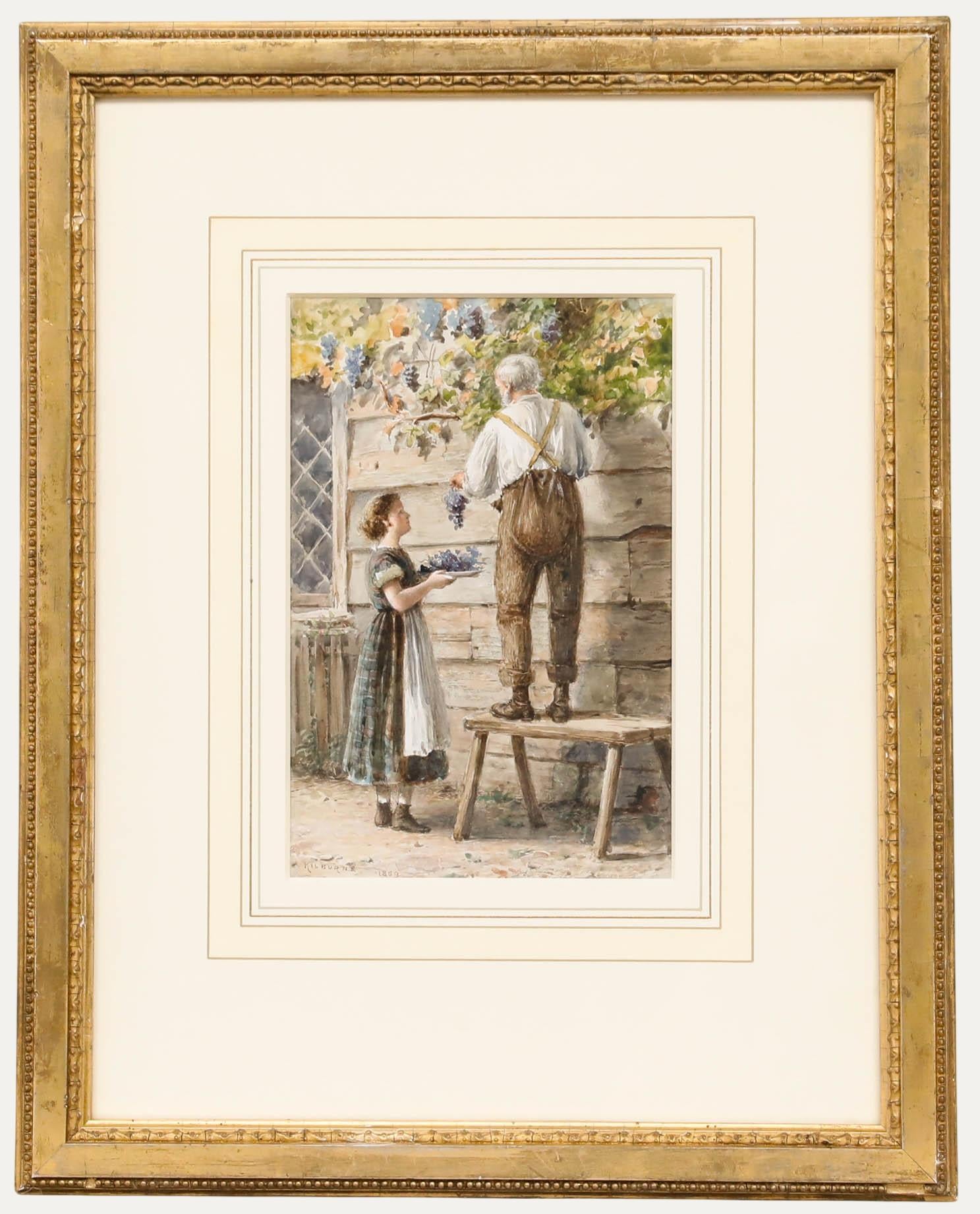 Un incantevole acquerello della fine del XIX secolo di George Goodwin Kilburne (1839-1924) raffigura un padre e una figlia che raccolgono l'uva dalla vigna del loro cottage. Il dipinto è presentato in una splendida cornice dorata con delicati motivi