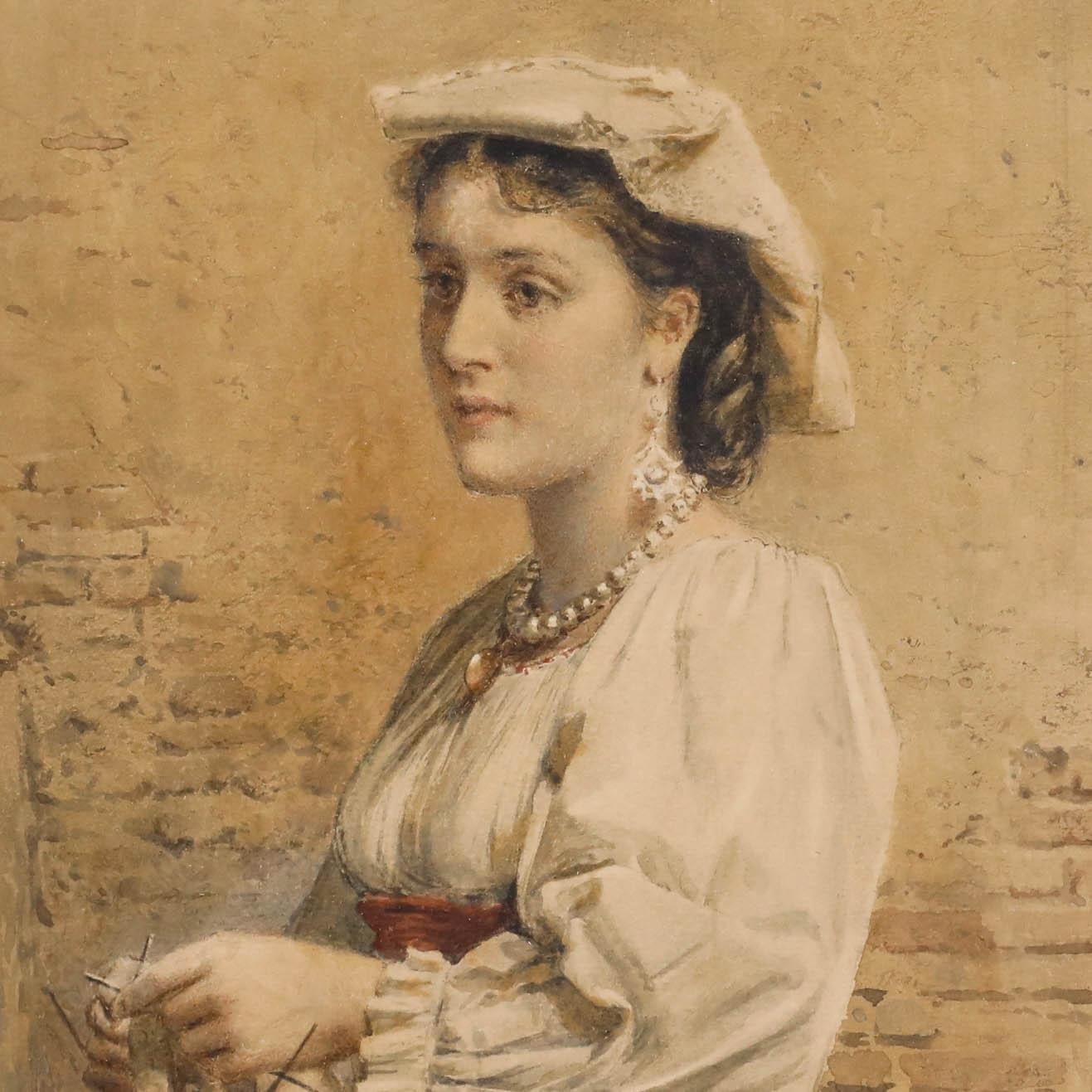 George Goodwin Kilburne (1839-1924) - Acuarela, Retrato de una dama haciendo punto en venta 3