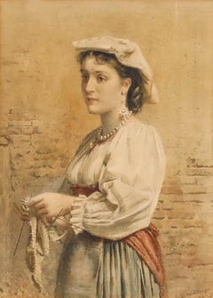 George Goodwin Kilburne (1839-1924) - Acquerello, Ritratto di signora che lavora a maglia