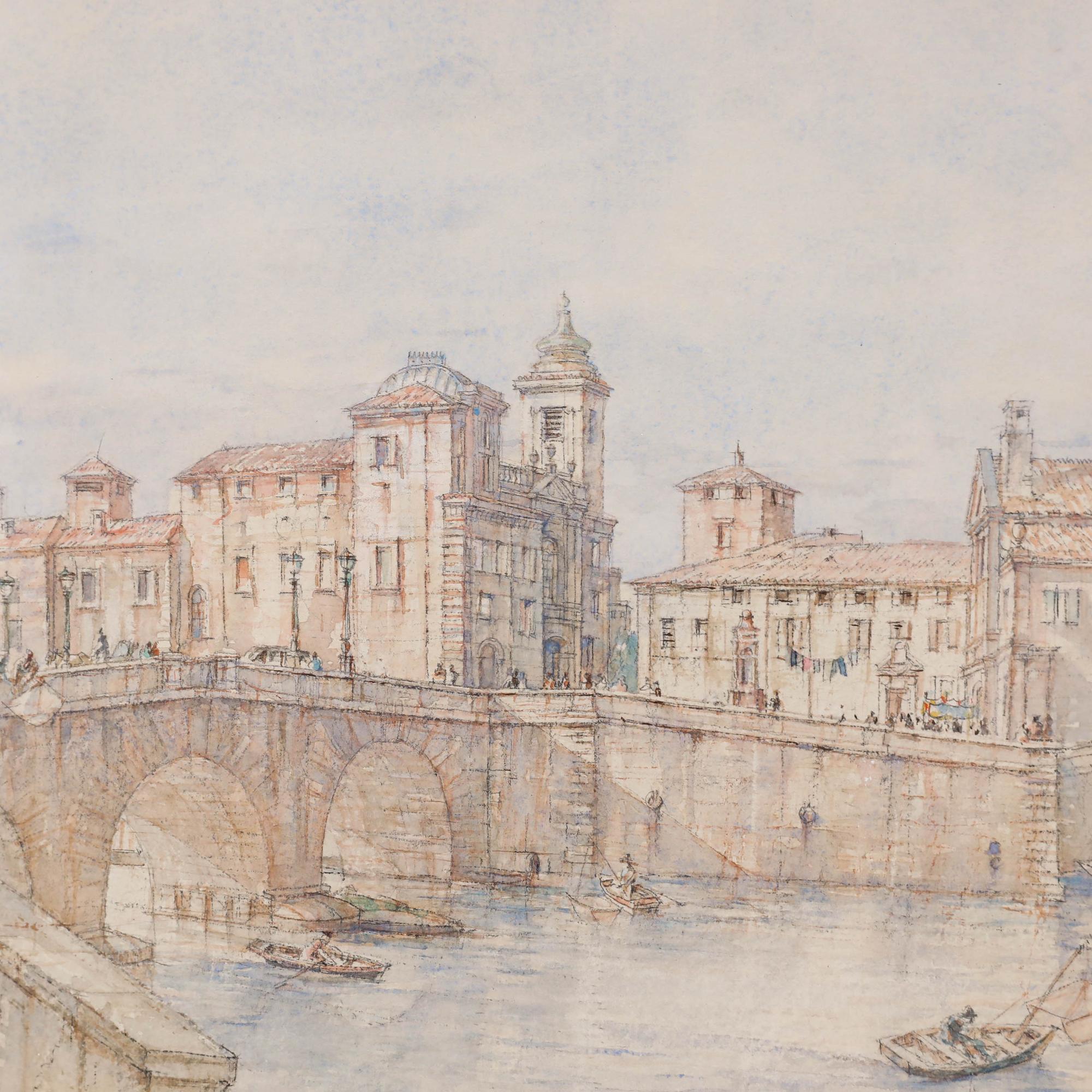 Sir Henry George Rushbury R.A. emplea un lápiz meticuloso y un color suave en este estudio de la Isla Tiberina, Roma. Titulado en la parte inferior izquierda. Firmado y fechado en la parte inferior derecha. Con la inscripción 