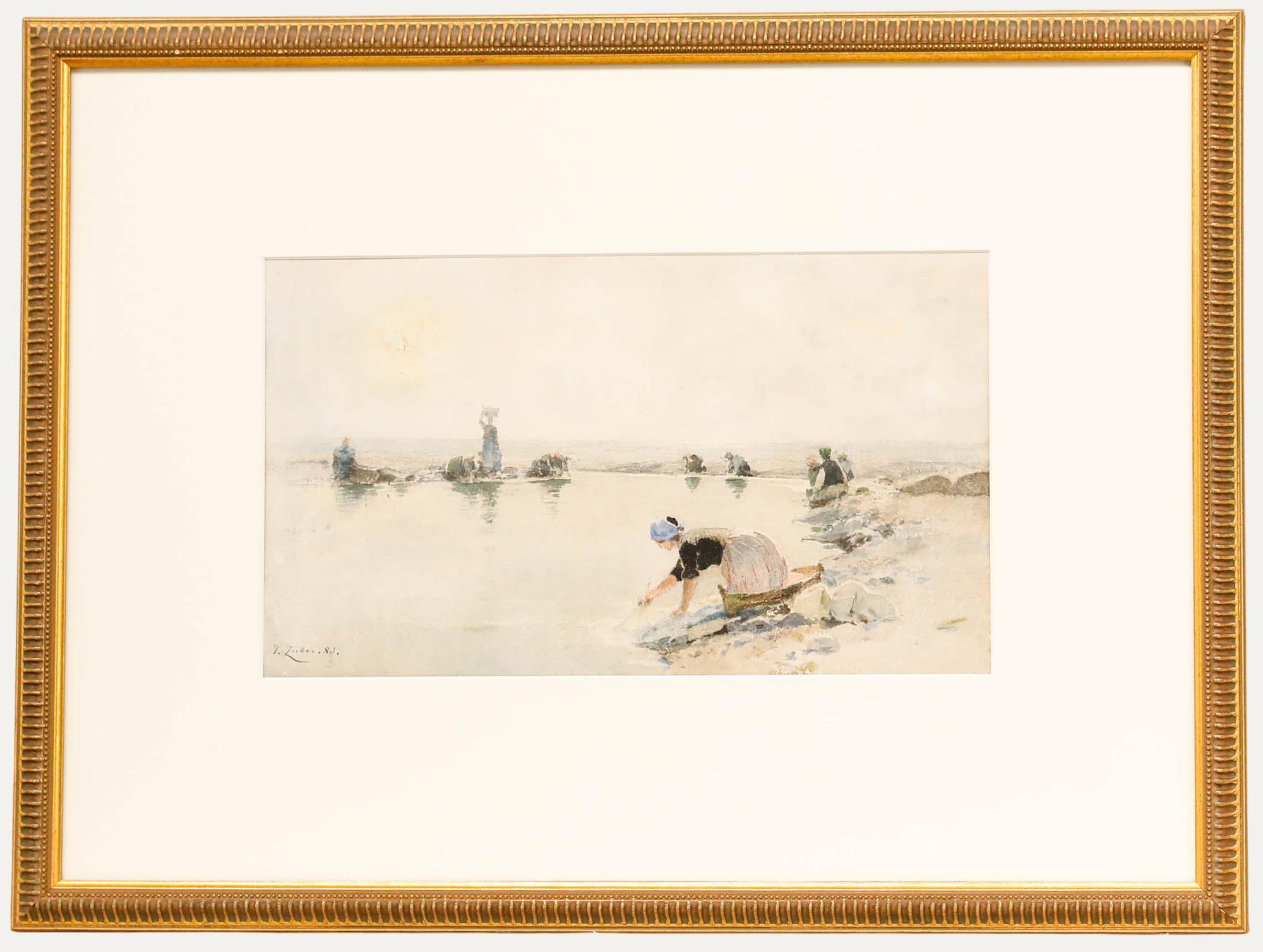 Figurative Art di Unknown - Henri Zuber (1844-1909) - Acquerello del 1883, Donne che si lavano sulla riva del fiume