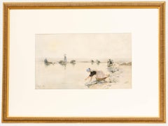 Henri Zuber (1844-1909) - Acquerello del 1883, Donne che si lavano sulla riva del fiume