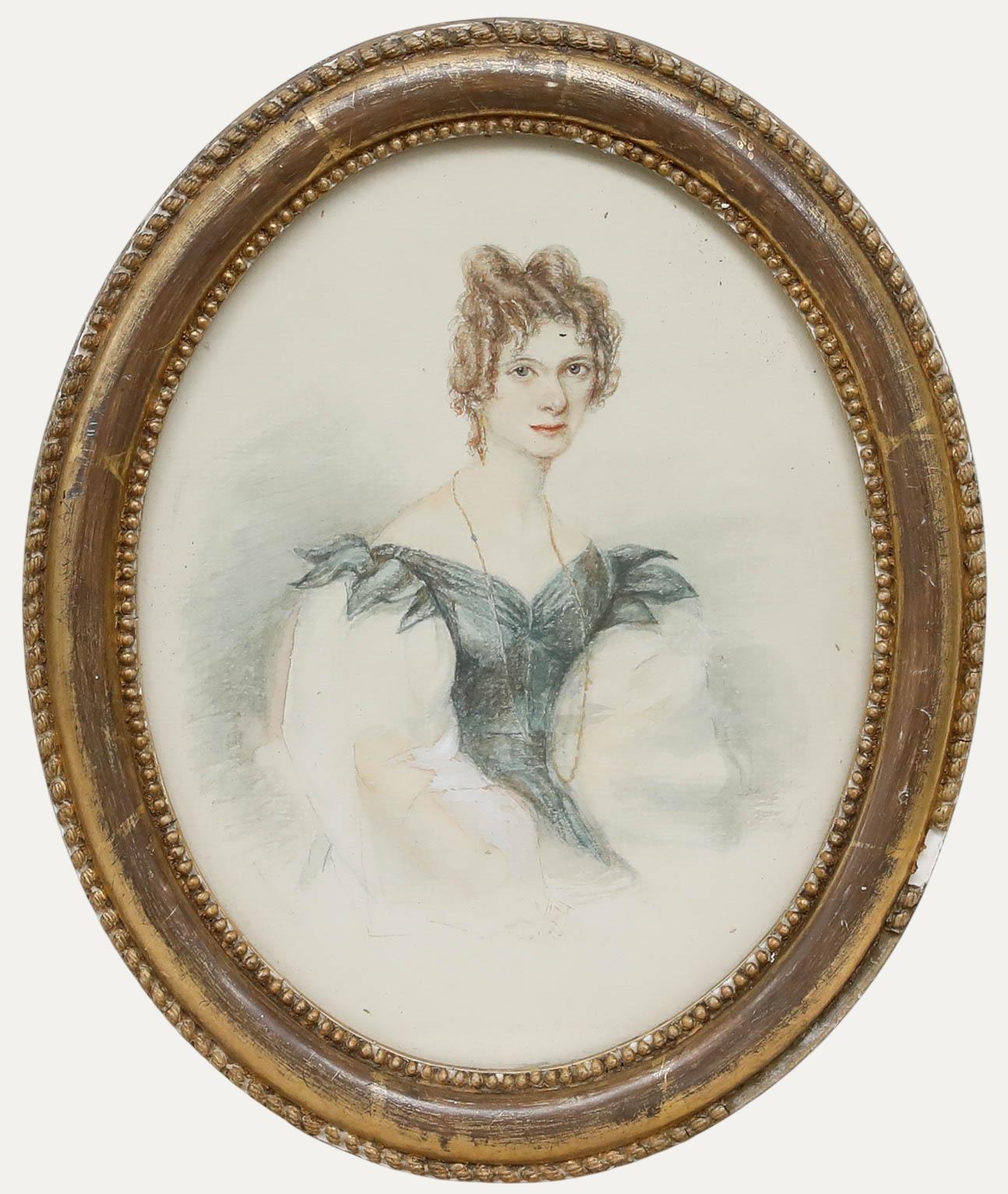 Acquerello in miniatura del XIX secolo - Ritratto di signora