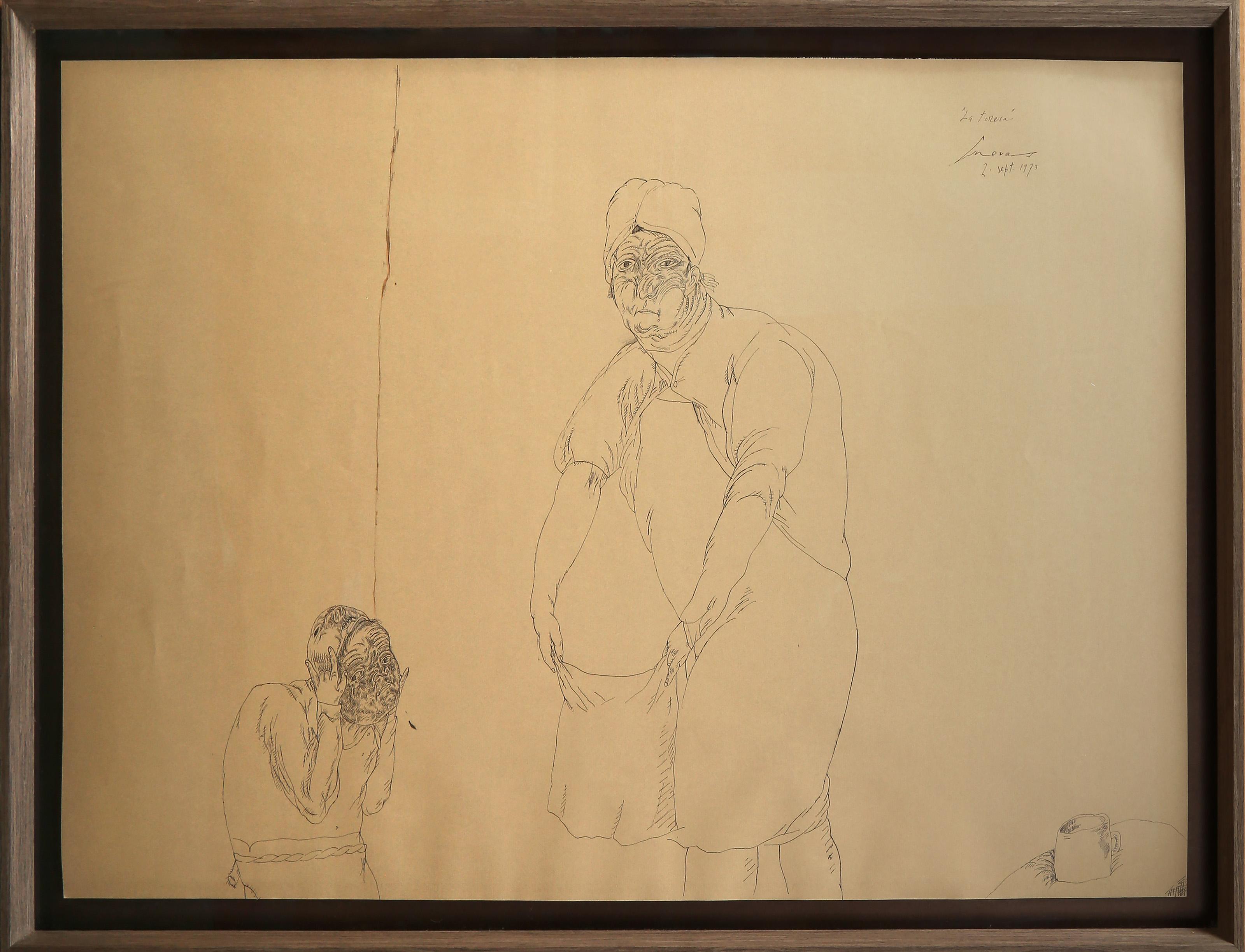 Jose Luis Cuevas, Mexicain (1934 - 2017) - La Torera, Année :  1973, Moyen :  Dessin à l'encre, signé, titré et daté à l'encre en haut à droite, Taille :  29,5 x 43 po (74,93 x 109,22 cm), Taille du cadre :  33.5 x 47 pouces