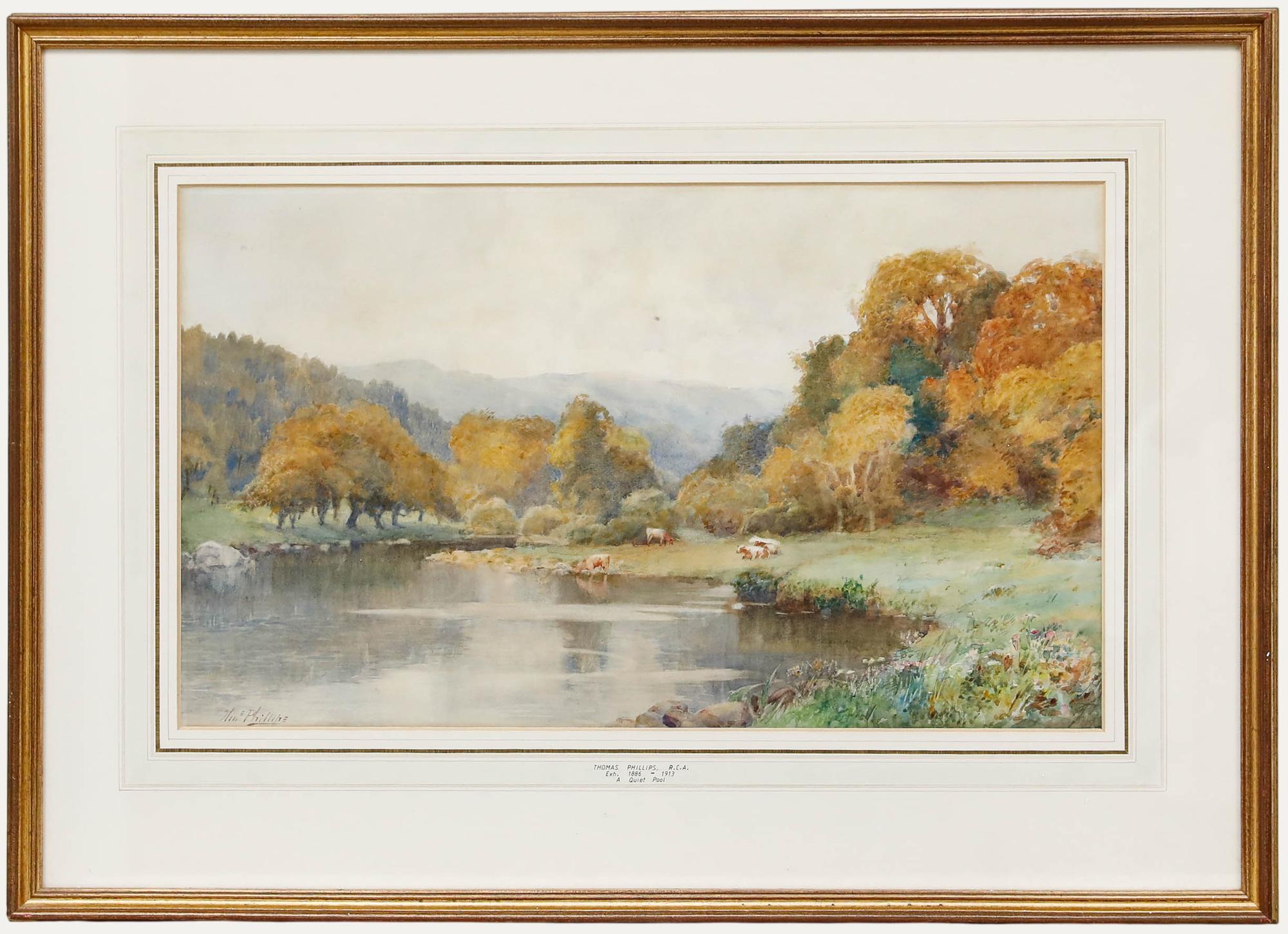 Thomas Phillips (fl. 1886-1913) - Aquarelle de la fin du XIXe siècle, Une piscine tranquille