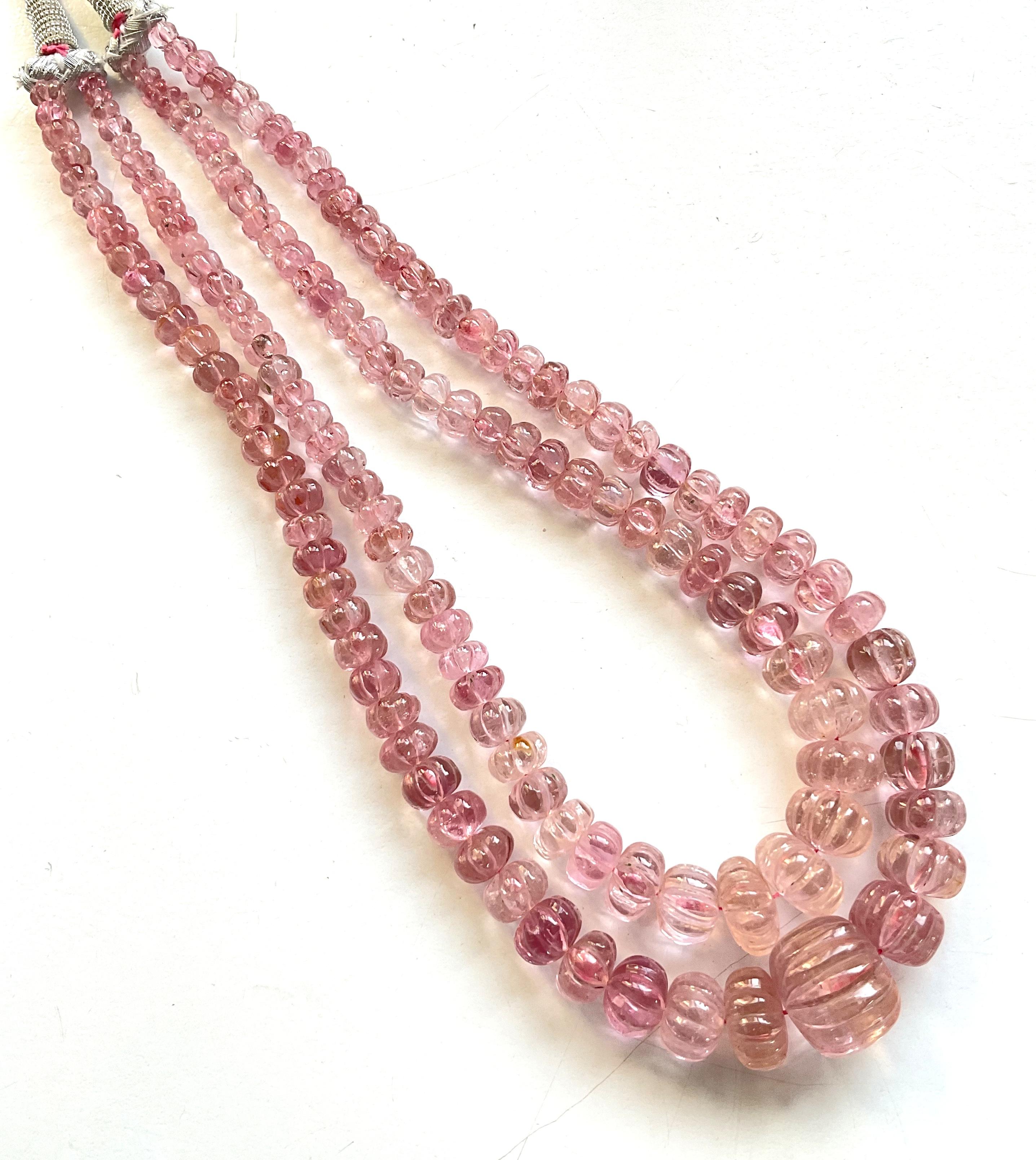 Bead 396.95 Carats pink Tourmaline carved melon beads necklace Jewelry Natural Gem For Sale